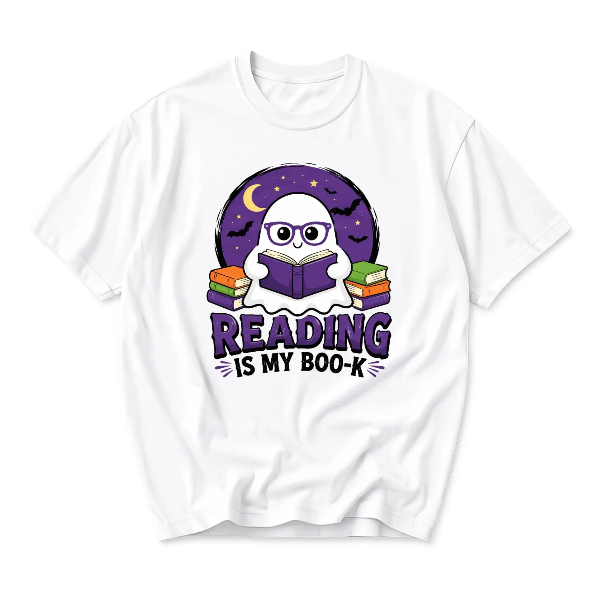Funny Shirt Reading Is My Boo-K Ghost Graphic Tee Unisex Casual Crew Neck Soft Cotton Top for Literature Enthusiasts