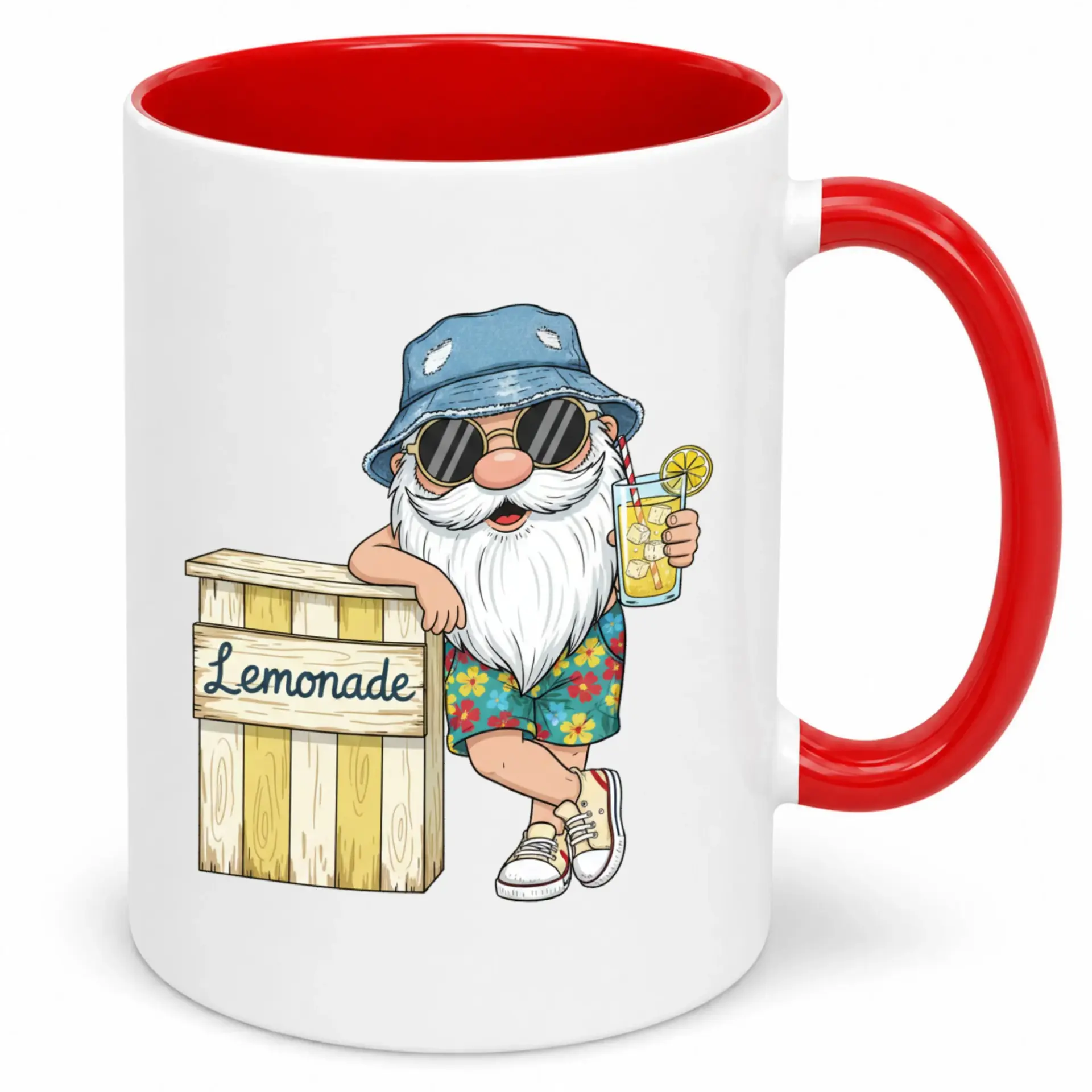 Funny Summer Gnome Lemonade Stand Ceramic Coffee Mug with Red Handle and Interior for Beach Vacation Lovers | Unique Drinkware Gift