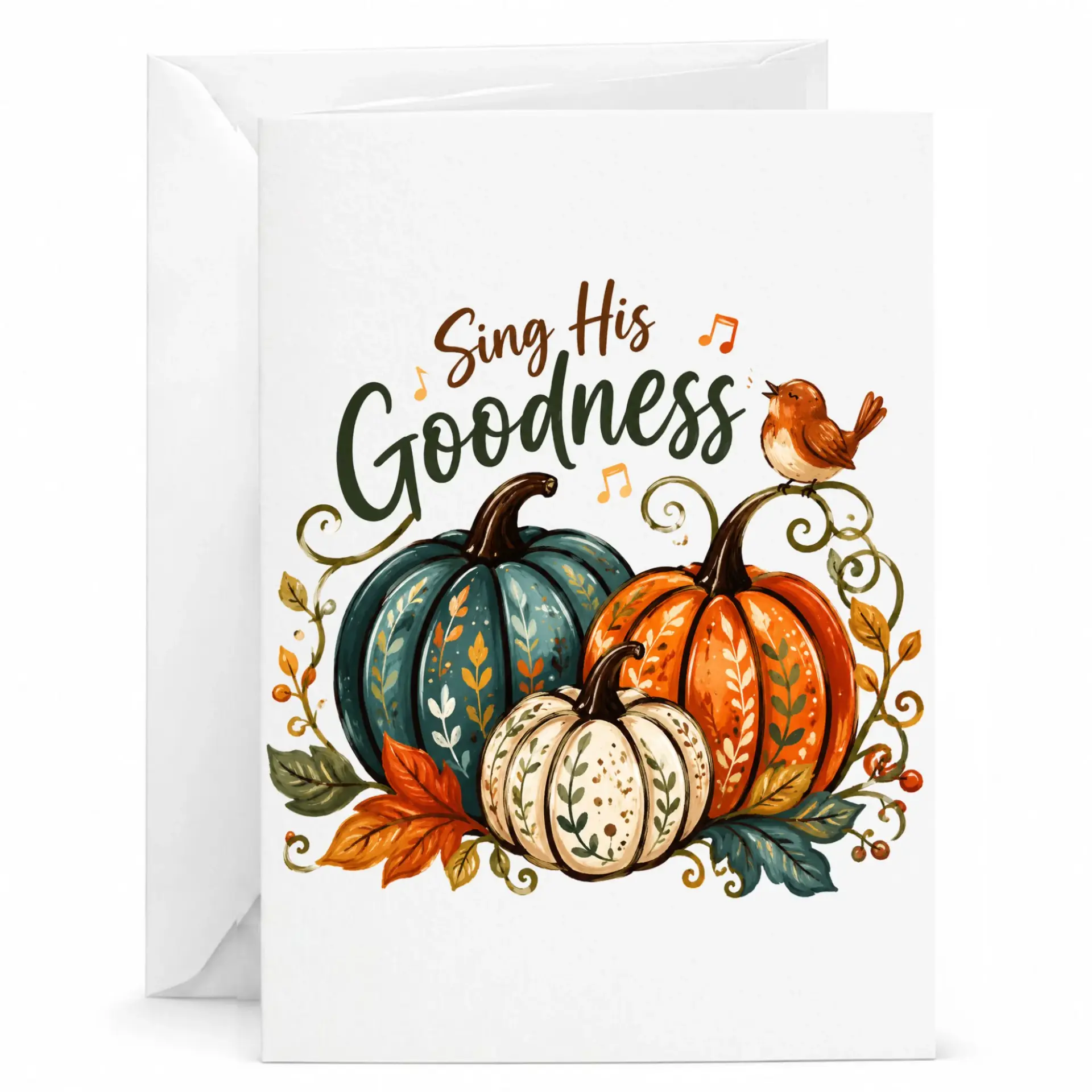 Greeting Card Sing His Goodness Fall Harvest Design Featuring Decorative Pumpkins and Bird for Seasonal Note Giving