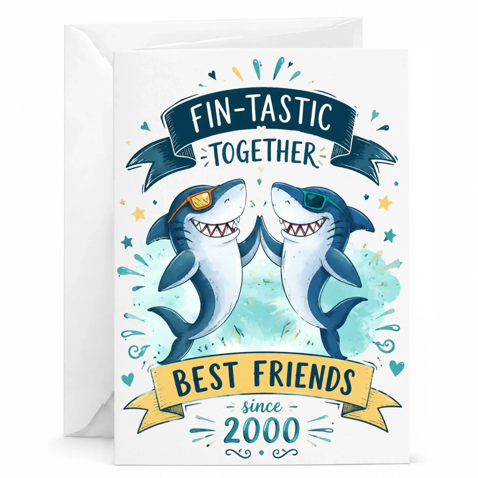 Funny Shark Greeting Card Fin-Tastic Together Best Friends Since 2000 Note Card for Birthday Anniversary Occasions