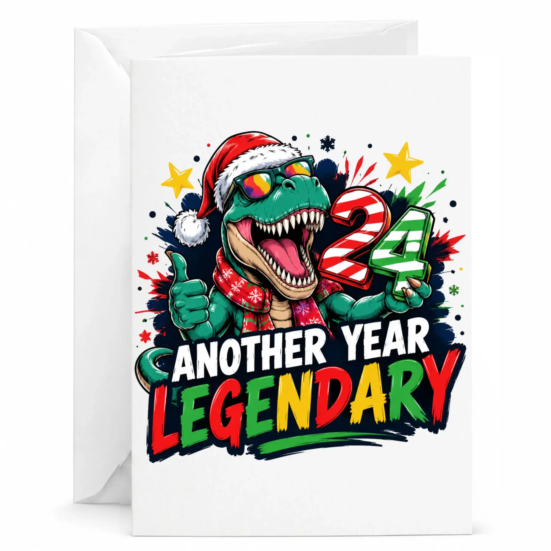 Funny Dinosaur Greeting Card Another Year Legendary Christmas Themed Birthday Card with Matching Envelope