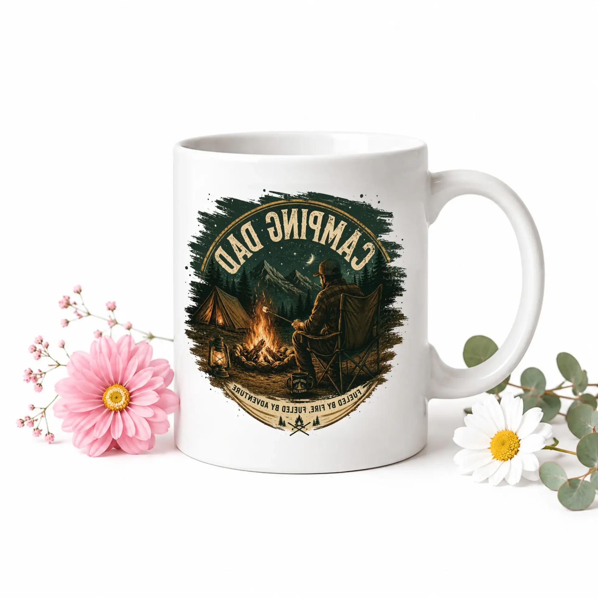 Outdoor Adventure Coffee Mug Featuring Camping Dad Design with Campfire Illustration for Enthusiasts of Wilderness Travel