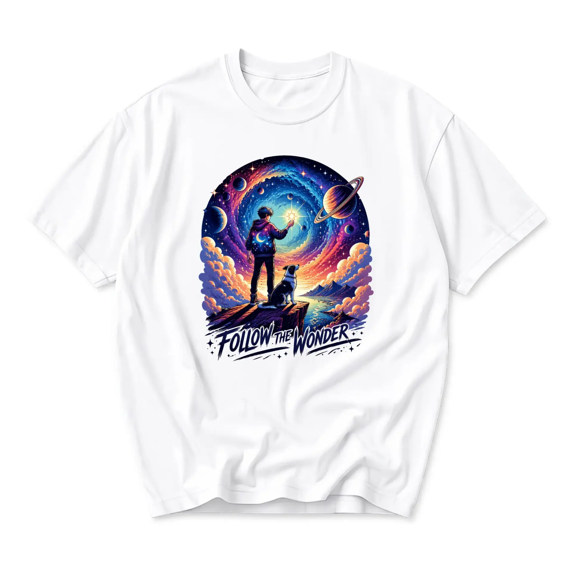 Graphic Tee Unisex Space Explorer T-Shirt Cosmic Adventure Apparel Featuring a Person and Dog Follow the Wonder Design