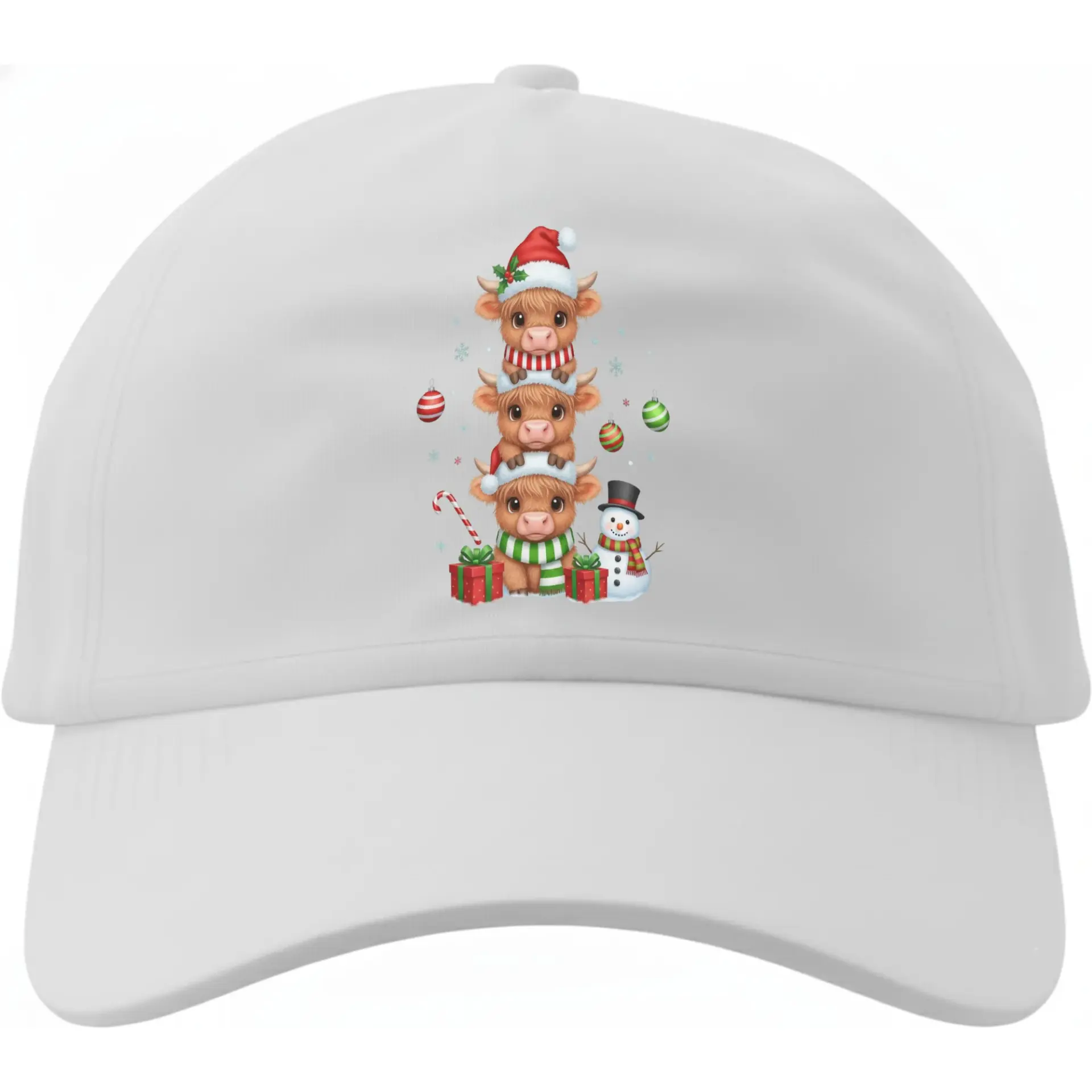 Baseball Cap Featuring Stacked Highland Cattle Christmas Graphic Festive Holiday Inspired Cotton Blend Accessory