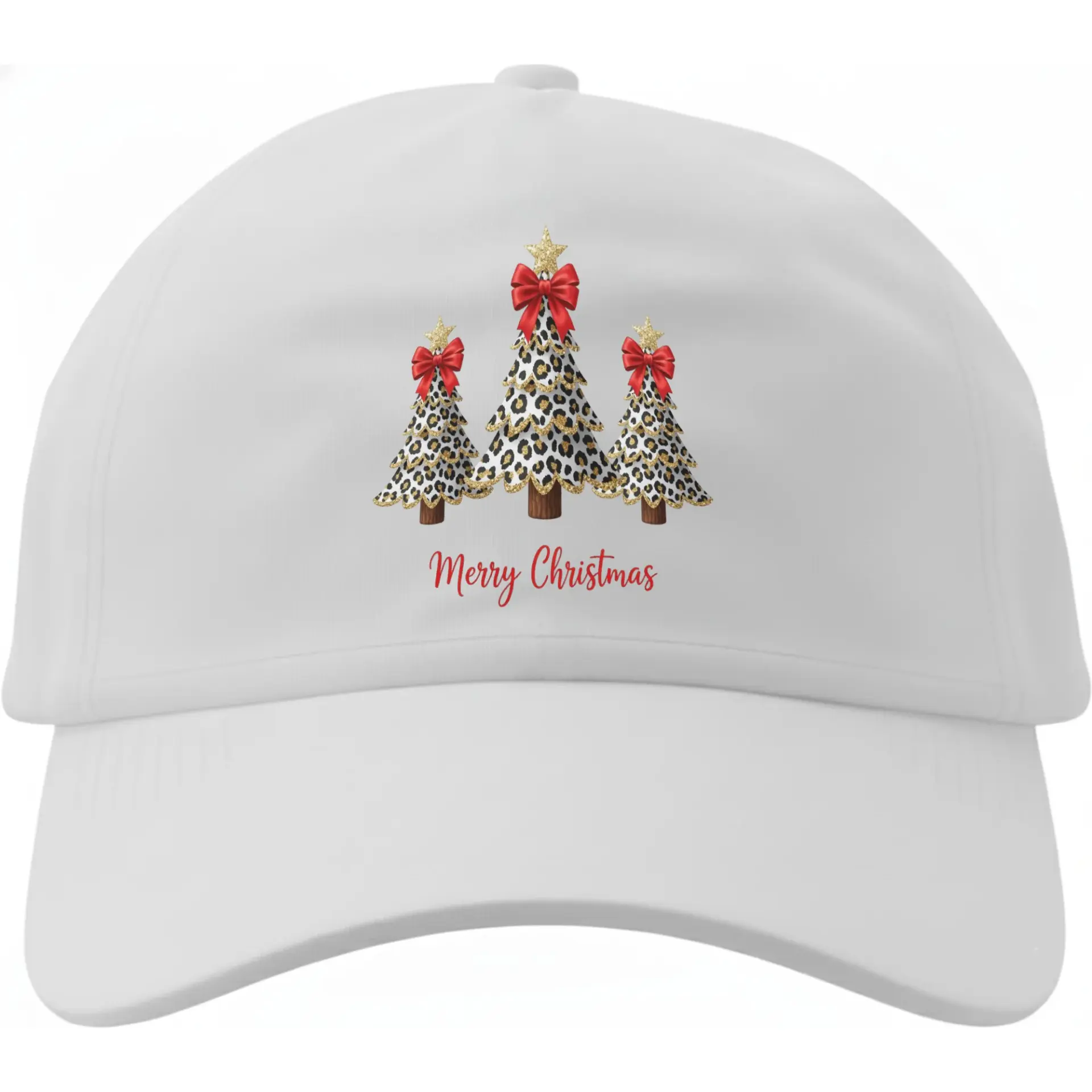 Baseball Cap Merry Christmas Holiday Tree Print Festive Seasonal White Hat with Leopard Pattern Festive Design