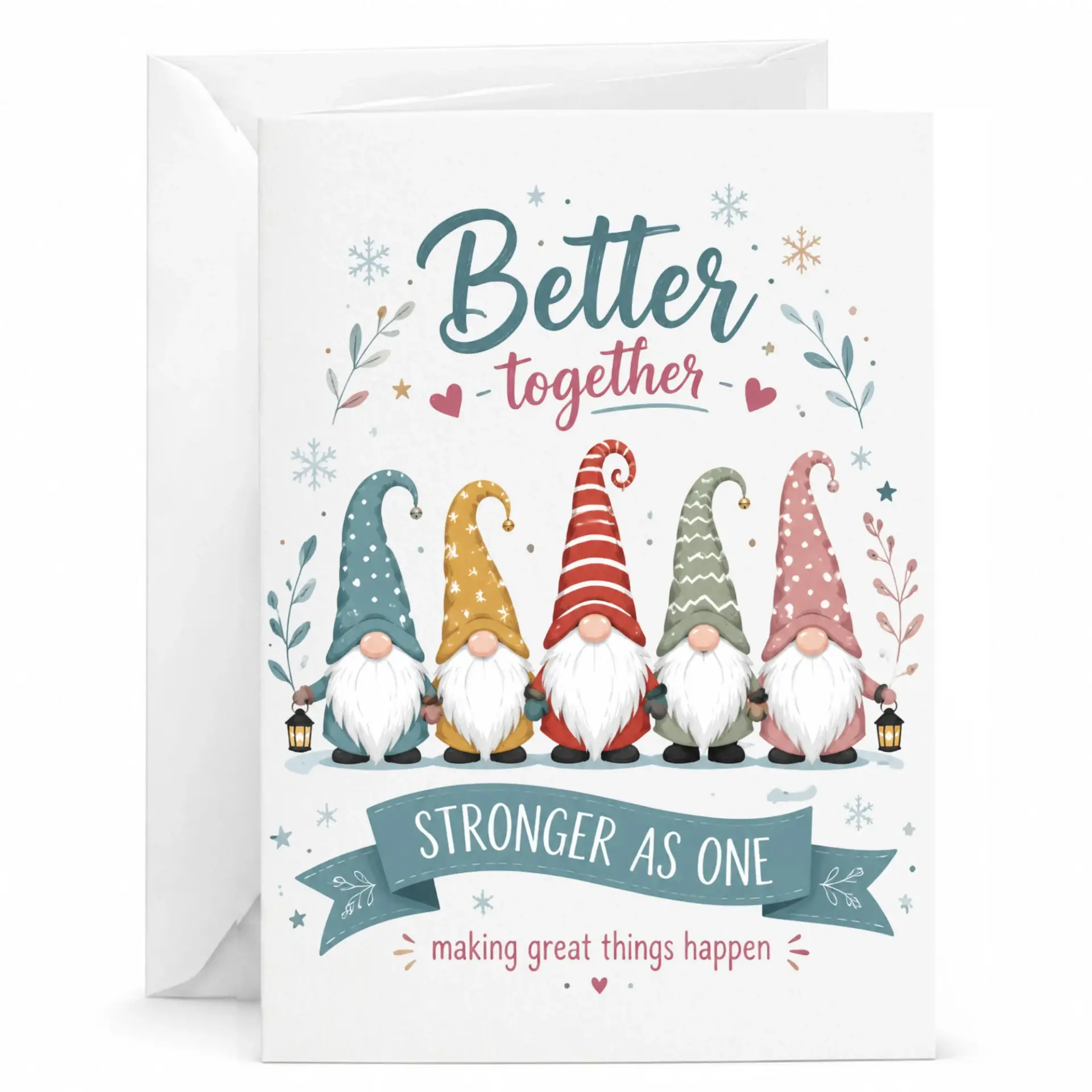 Better Together Greeting Card Featuring Cute Whimsical Gnomes Design with Festive Winter Holiday Accents and Inspirational Message