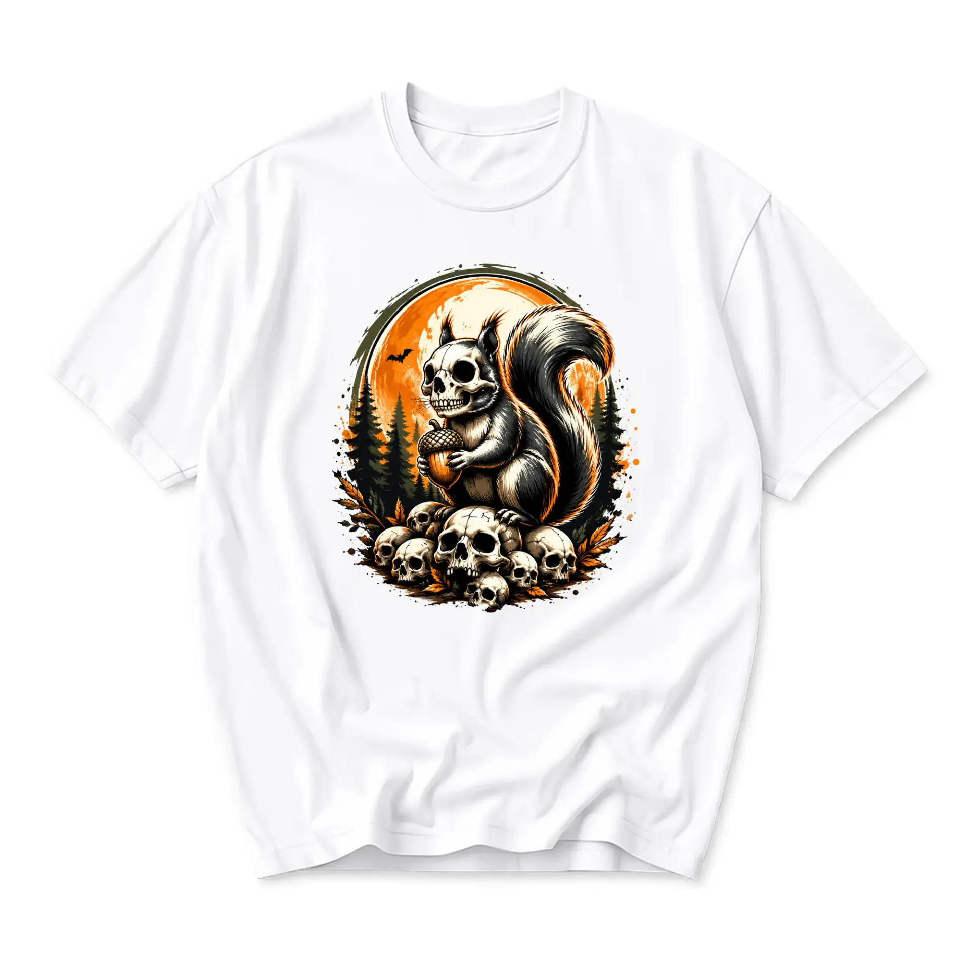 Graphic Tee Unisex Crew Neck T-Shirt Featuring Spooky Skull Squirrel Autumn Forest Halloween Art Print Design