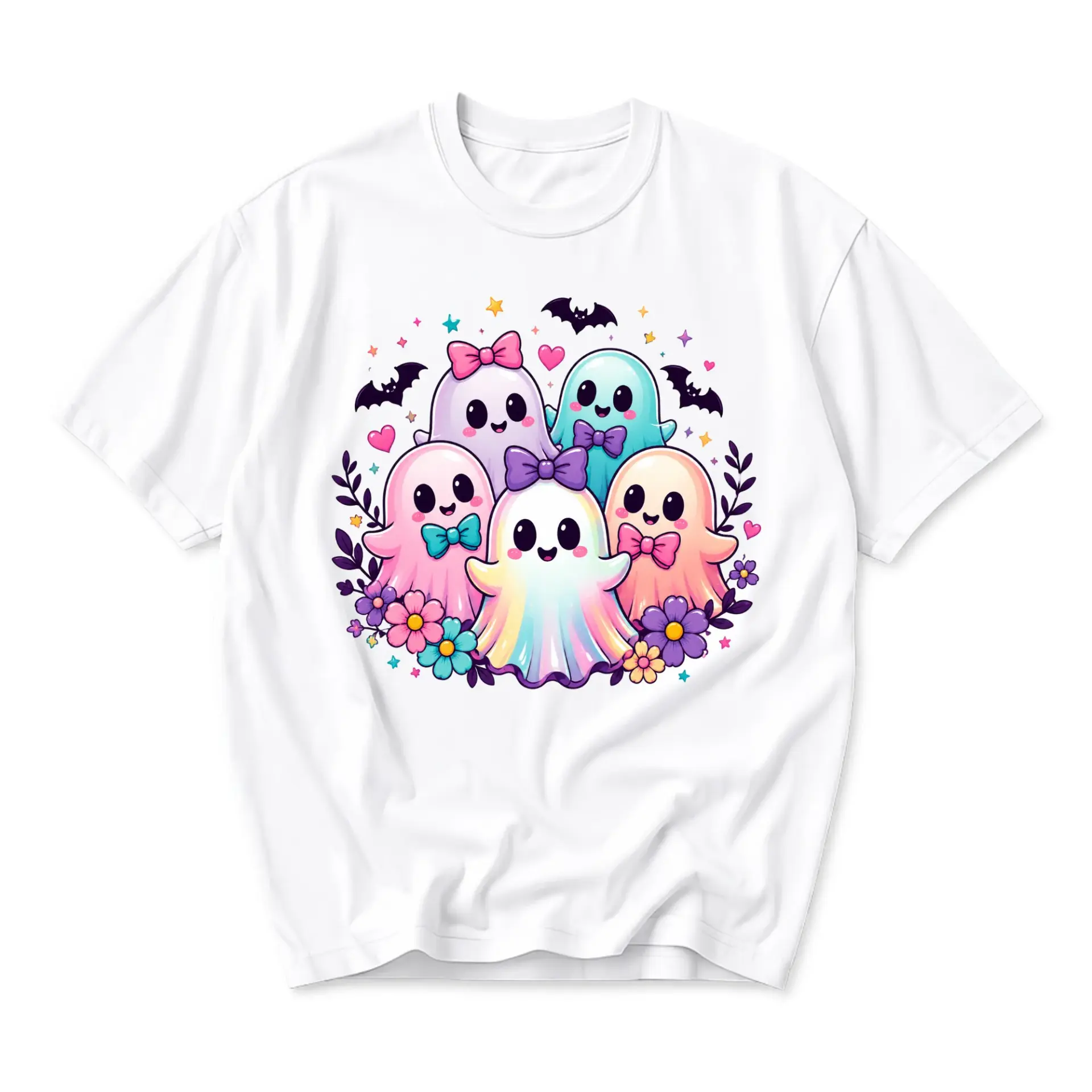 Graphic Tee Unisex Crew Neck Short Sleeve Shirt Featuring Cute Kawaii Ghosts and Floral Elements for Casual Wear