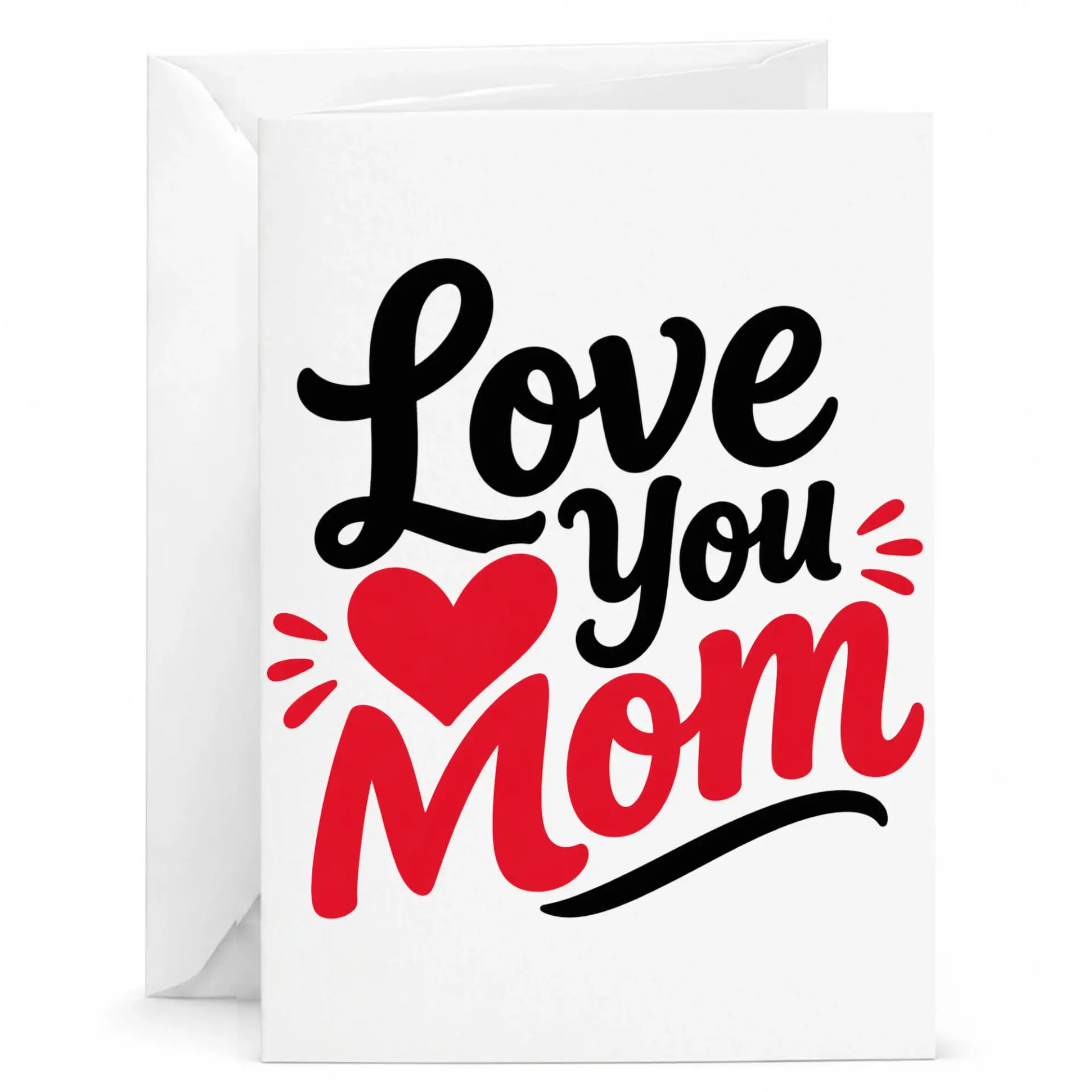 Love You Mom Greeting Card Heart Design Mothers Day Note Handwritten Stationery 5x7 Inches with Envelope