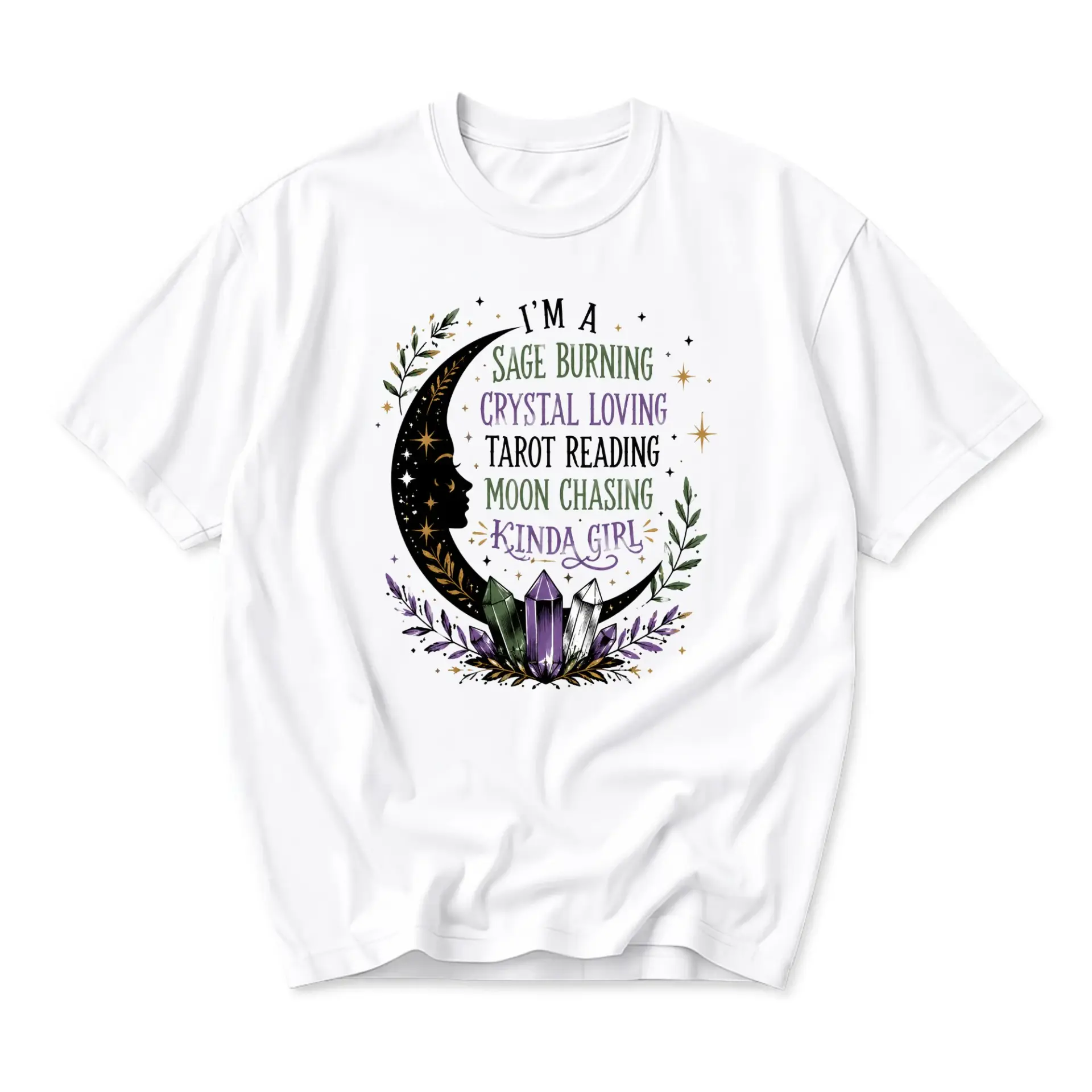 Graphic Tee Celestial Mystical Moon and Crystal Design Casual Unisex Crew Neck Short Sleeve Shirt for Everyday Wear
