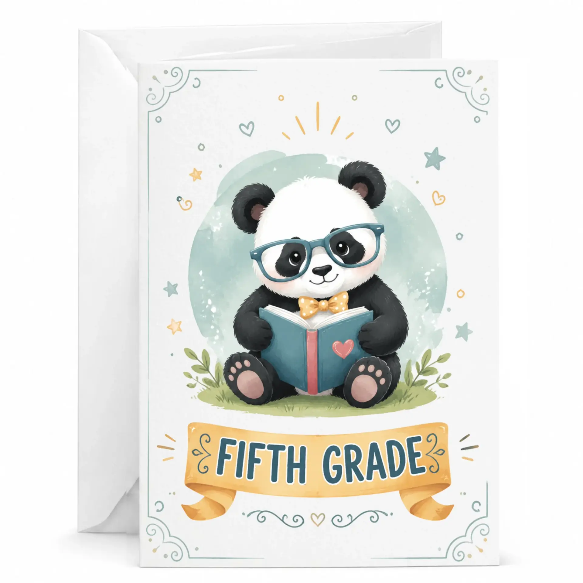 Greeting Card Fifth Note Featuring Cute Panda Reading Book Design with Envelope