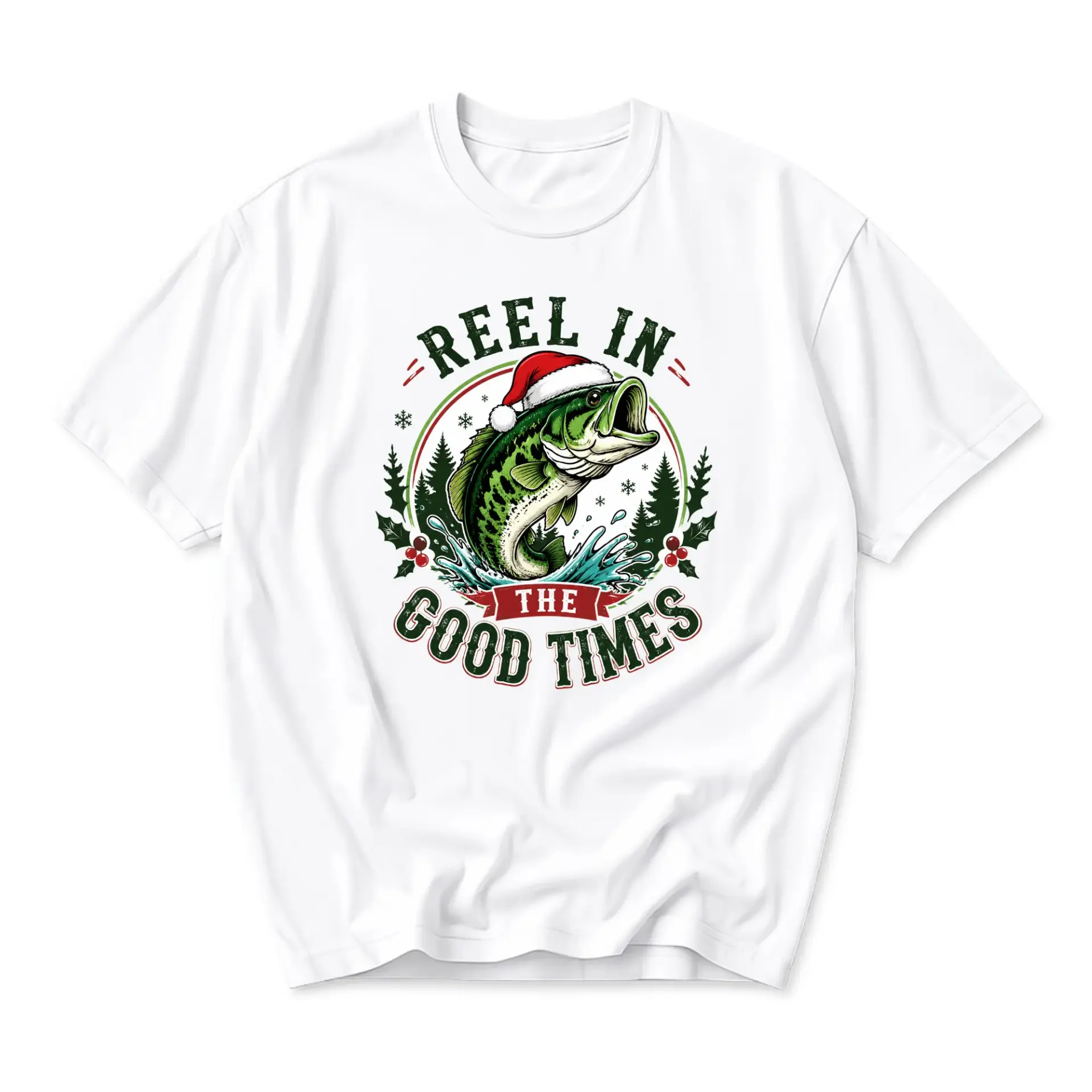 Funny Shirt Reel in Fishing Christmas Graphic Tee Unisex Holiday Casual Wear Soft Cotton Crew Neck Top