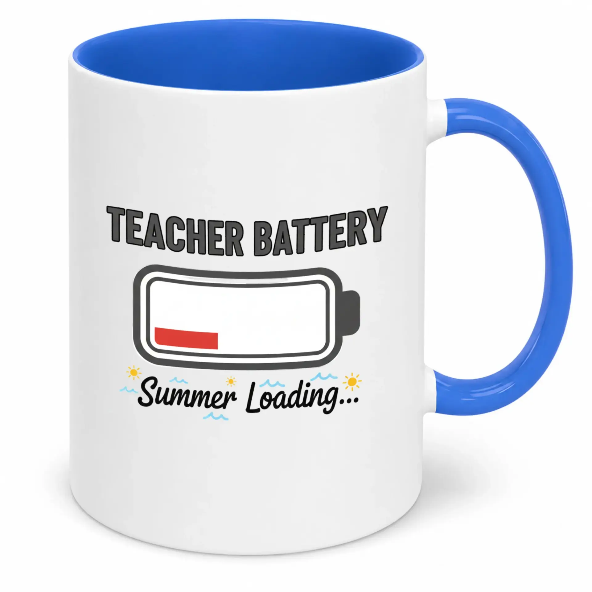 Funny Ceramic Coffee Mug with Teacher Battery Low Summer Loading Design, Unique Teacher Appreciation Gift, 11oz or 15oz Beverage Cup for Hot Drinks