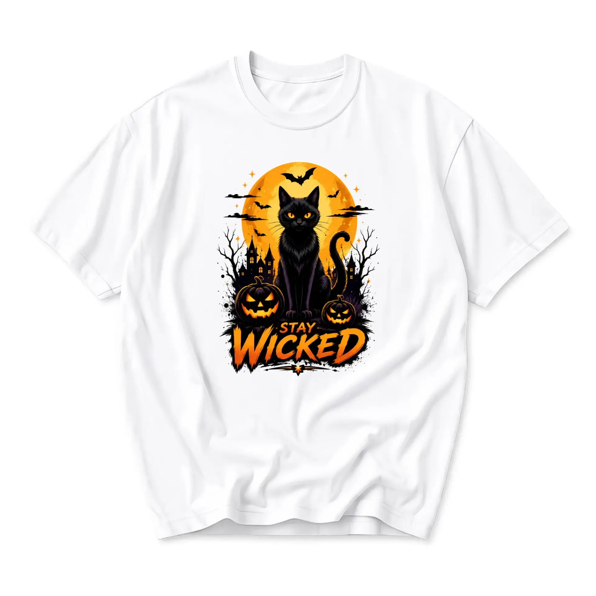 Graphic Tee Stay Wicked Black Cat Moon Halloween Shirt Unisex Crew Neck Cotton Blend Casual Top for Everyday Wear
