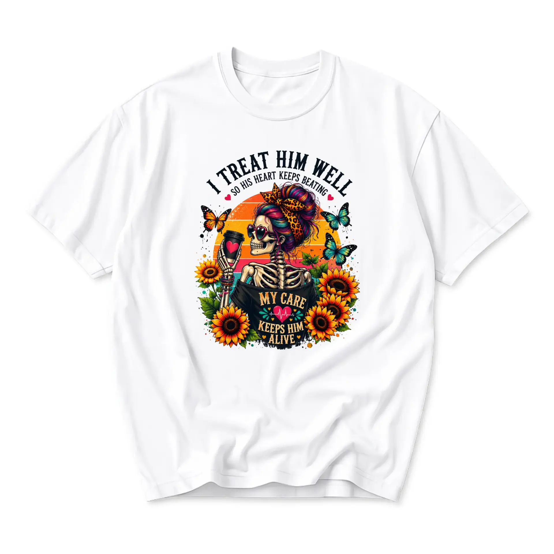 Graphic Tee I Treat Him Well Skeleton Sunflowers Print Unisex Casual Crew Neck Soft Cotton Blend Summer Short Sleeve