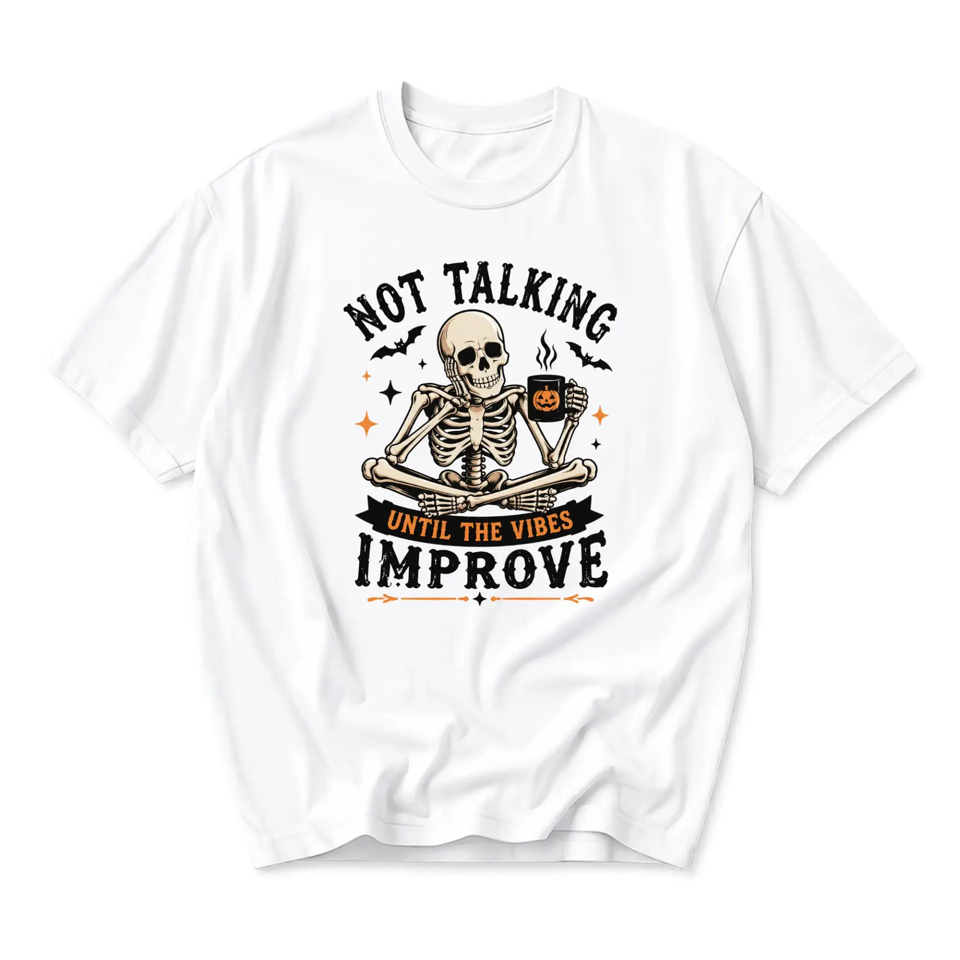 Graphic Tee Not Talking Until the Vibes Improve Funny Skeleton Coffee Cup Unisex Short Sleeve Casual Cotton Shirt