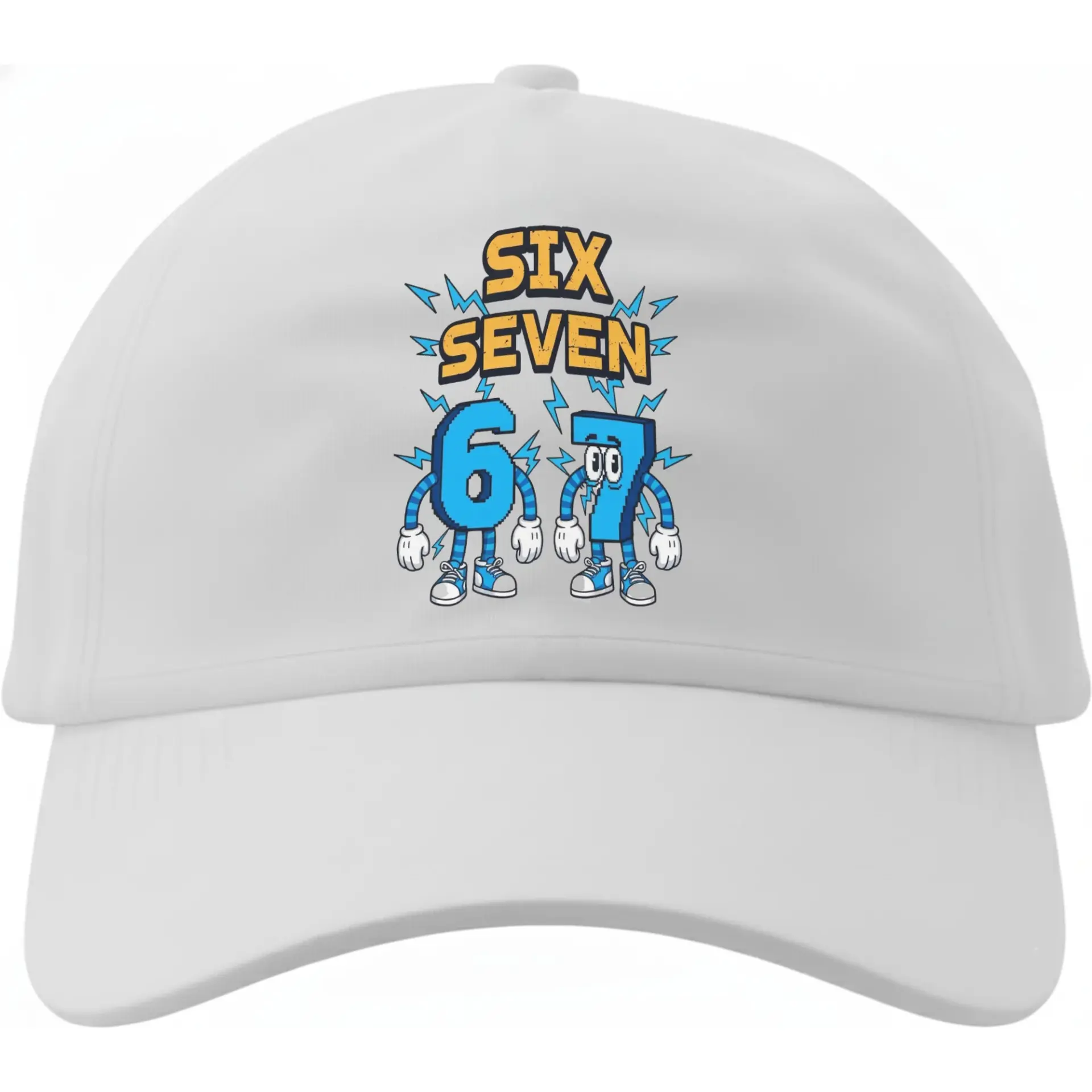 Baseball Cap Featuring a Cartoon Graphic of Number Six and Seven Characters with a Bold Text Design for Casual Style