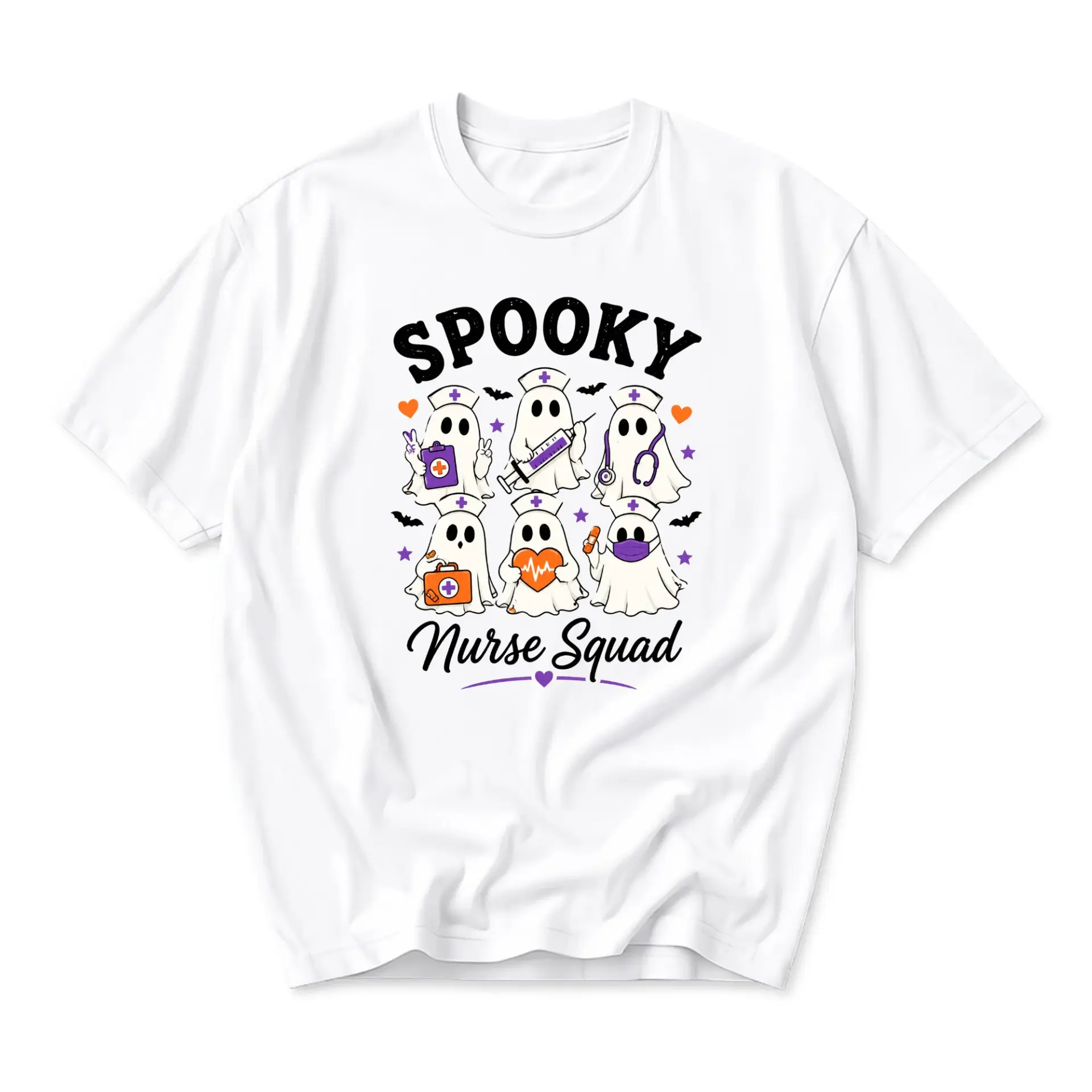 Graphic Tee Spooky Nurse Squad Ghost Shirt Funny Halloween Medical Professional Apparel for Men and Women Unisex White