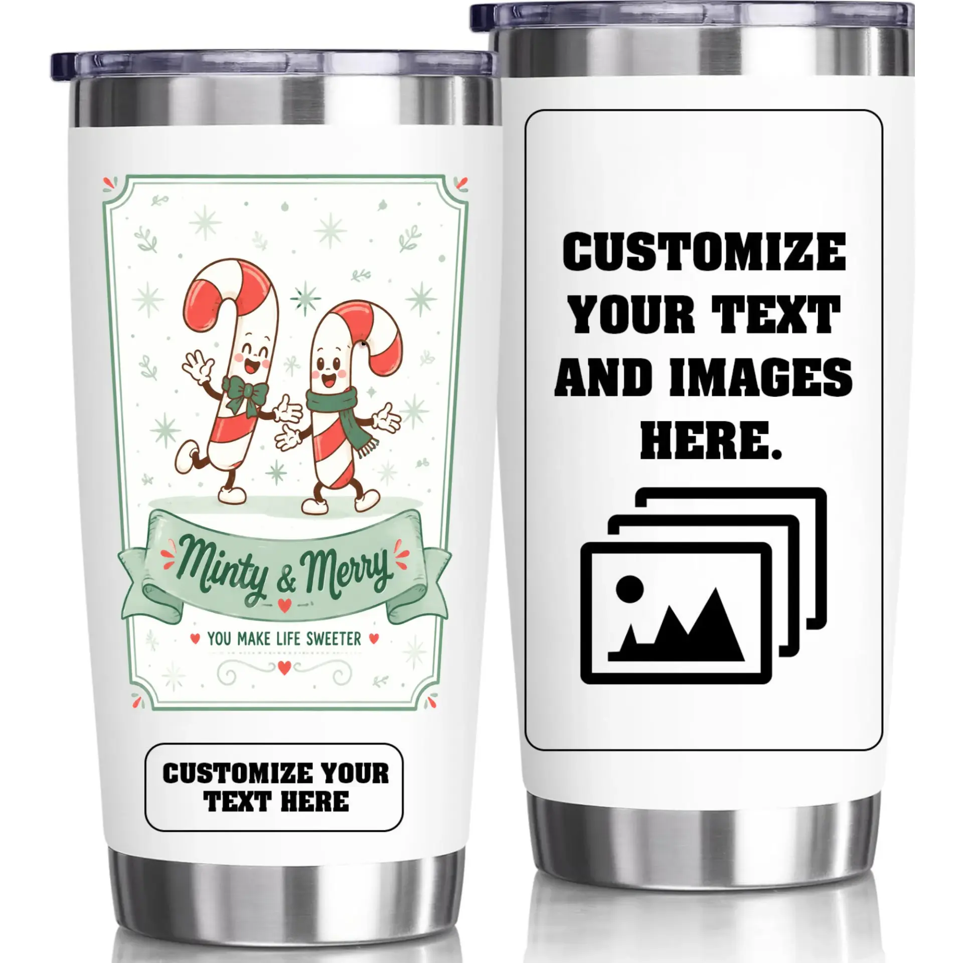 Stainless Steel Tumbler 20oz Minty and Merry Candy Cane Design Insulated Cup for Hot and Cold Beverages Travel Mug