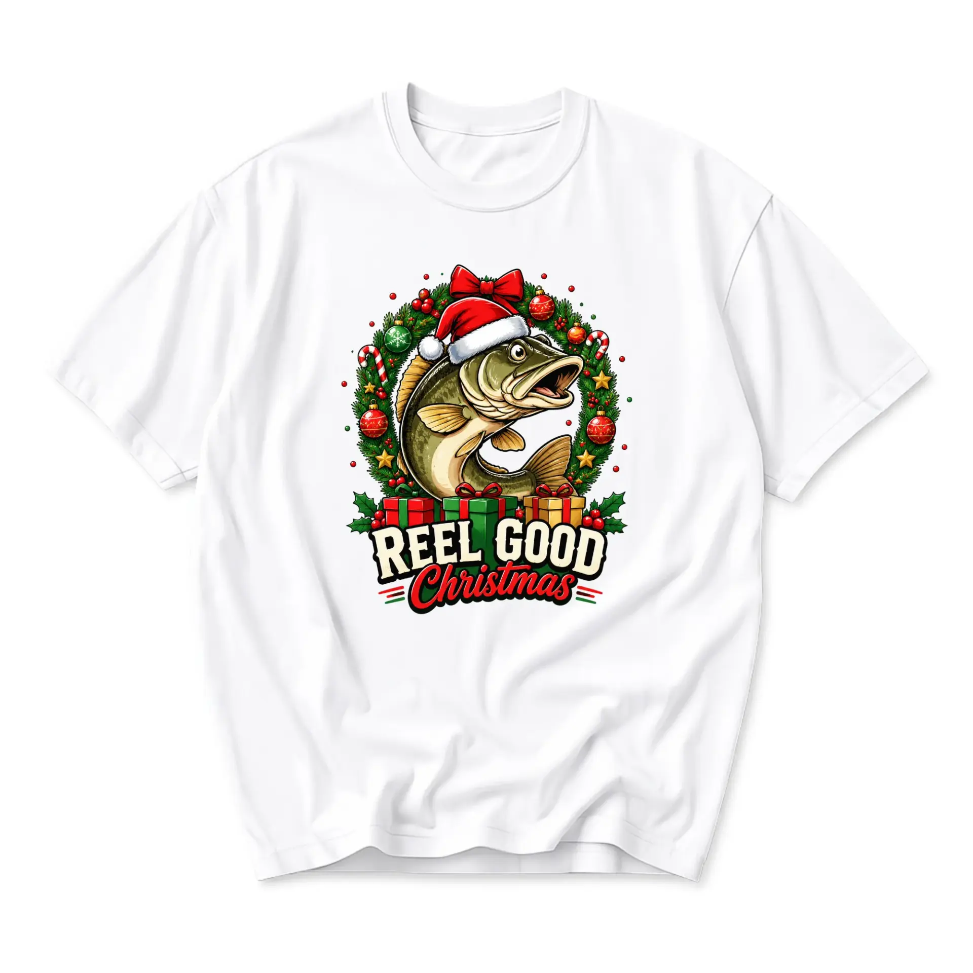 Funny Shirt Reel Good Christmas Fish Graphic Tee Unisex Crew Neck Short