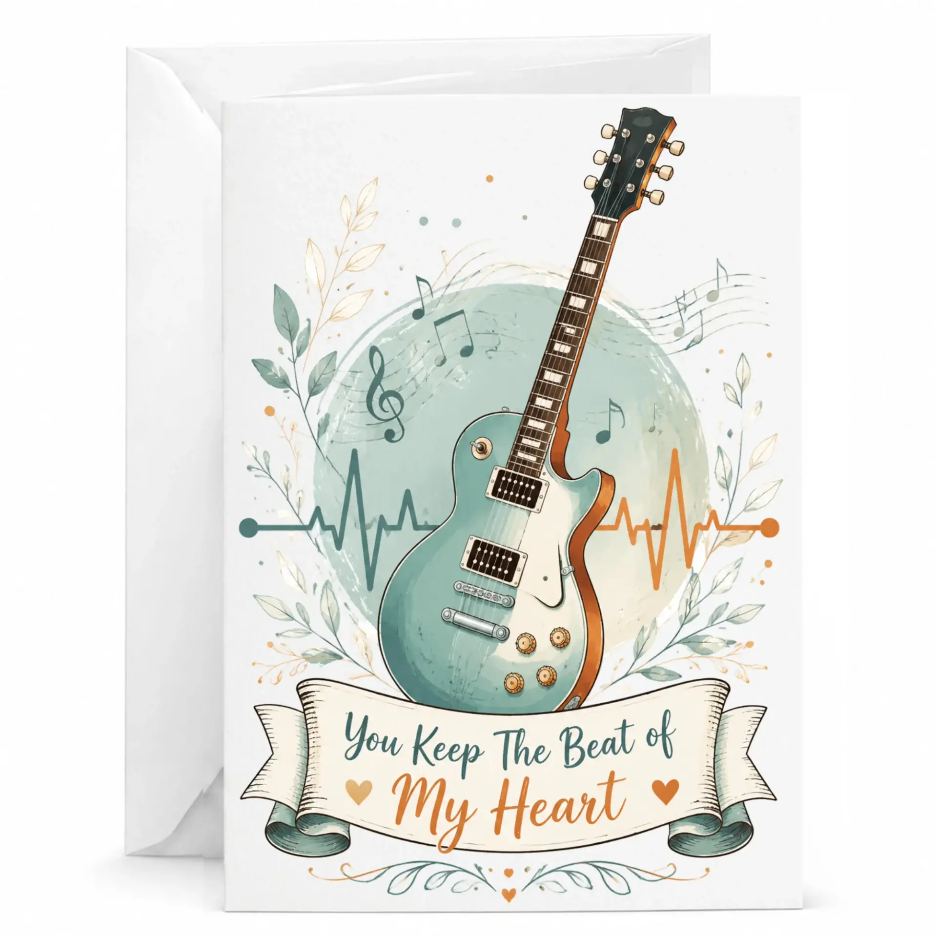 Greeting Card You Keep the Beat of My Heart Featuring Electric Guitar Illustration with Music Notes and Floral Accents