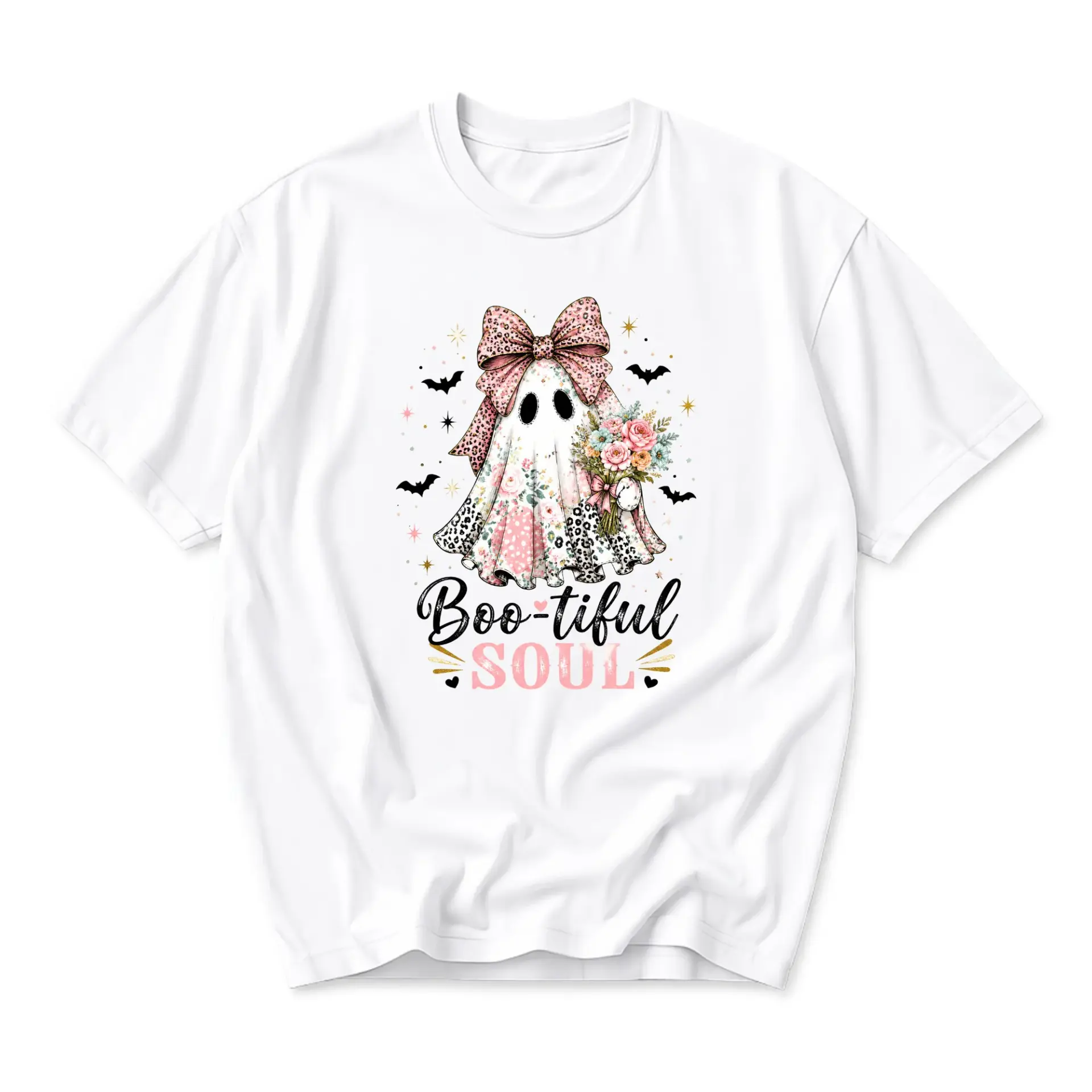 Graphic Tee Boo-Tiful Soul Ghost Floral Print Shirt Unisex Casual Crew Neck Soft Cotton Blend Summer Autumn Top