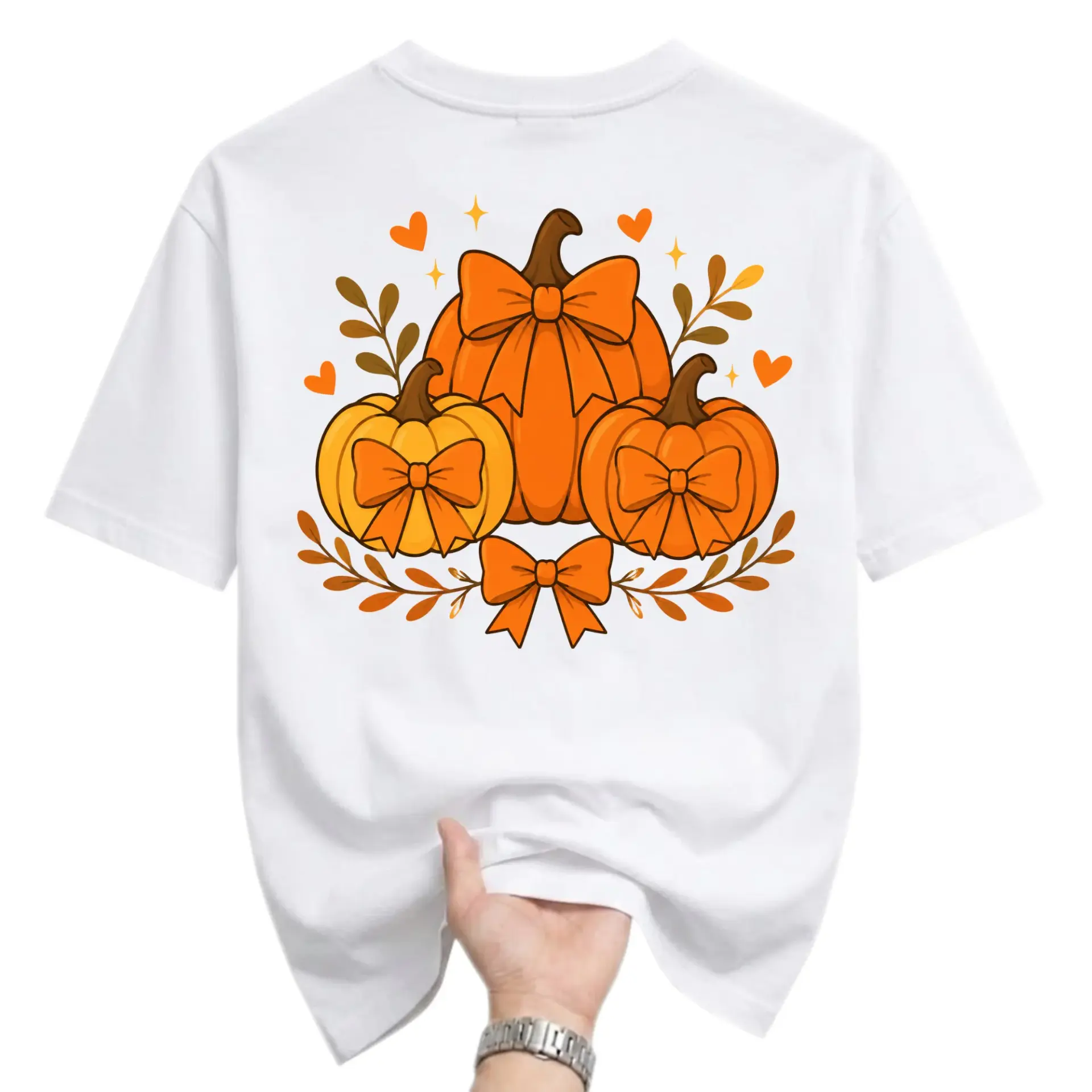 Graphic Tee Pumpkin Patch Bows Autumn Fall Seasonal Short Sleeve Unisex Crew Neck Apparel for Everyday Casual Wear