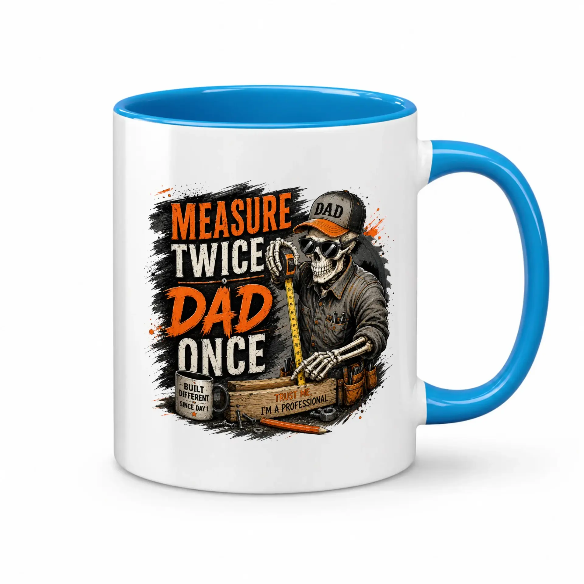 Funny Handyman Coffee Mug for Dad Novelty Ceramic Drinkware with Professional Construction Worker Skeleton Graphic