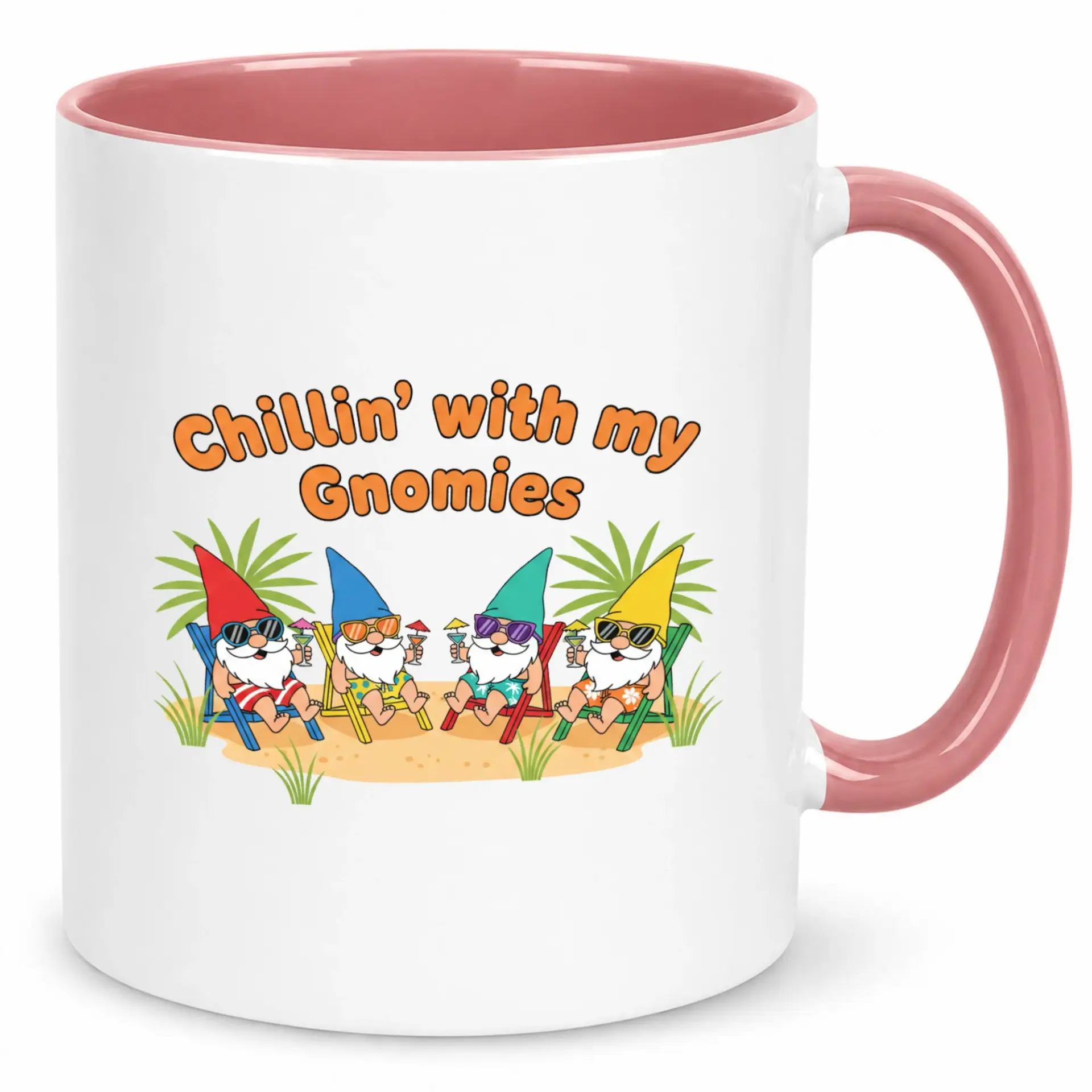 Funny Coffee Mug with Gnomes on Beach, Chillin' with My Gnomies Summer Vacation Ceramic Cup, Humorous Gift for Friends & Family