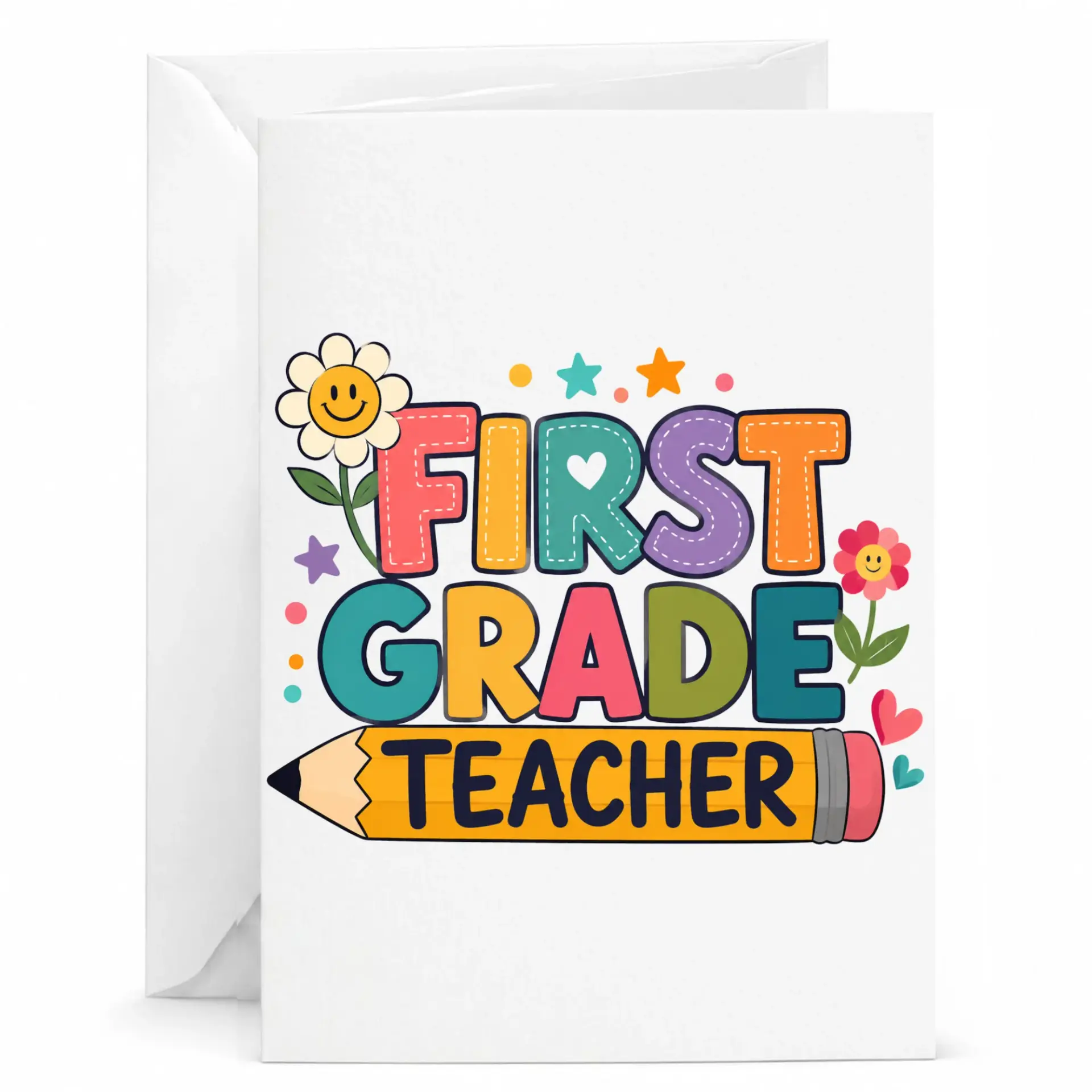 Greeting Card First Teacher Appreciation Note Whimsical Retro Lettering Floral Design Blank Stationary