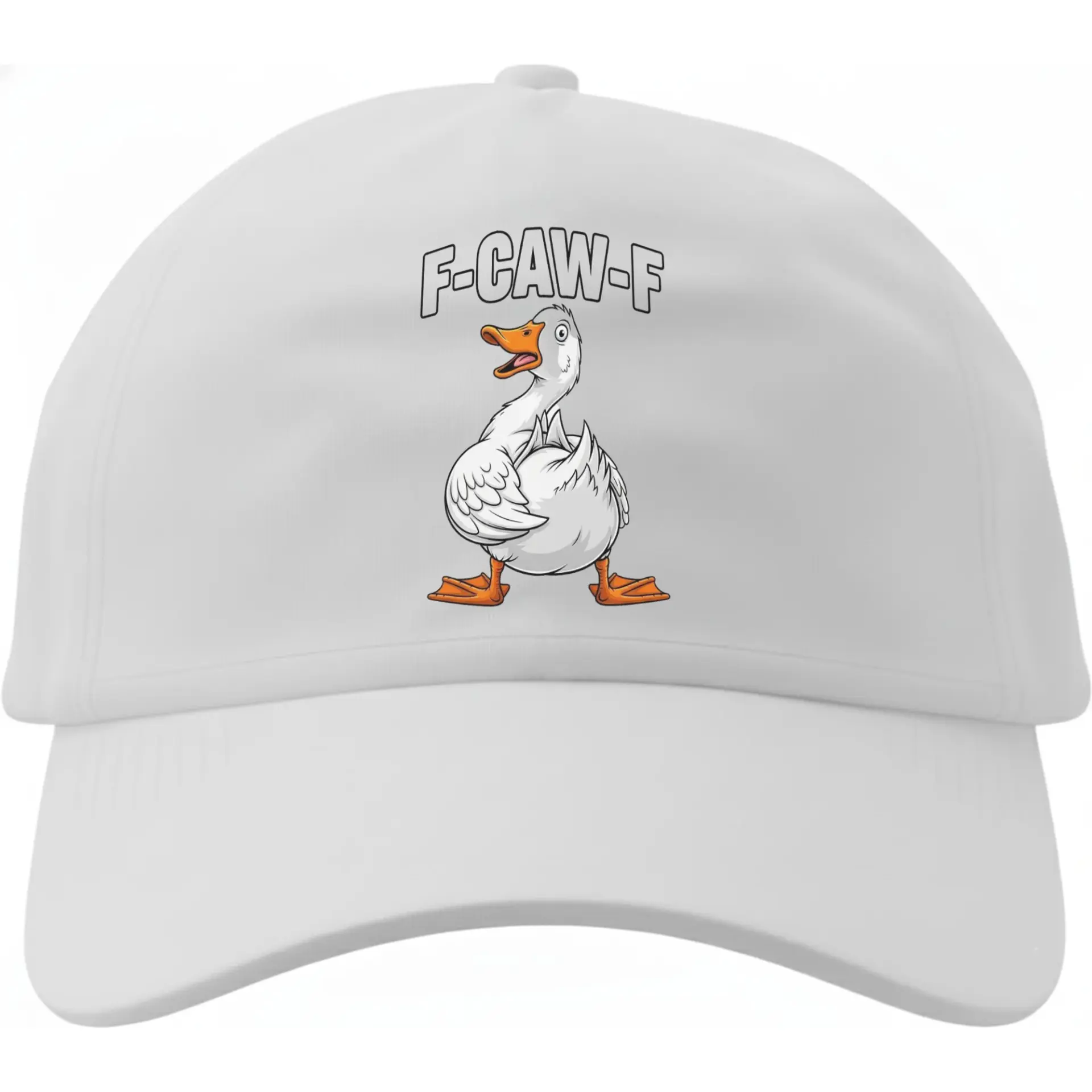 Baseball Cap Featuring Funny Cartoon Duck Graphic Design Humorous F-Caw-F Text Print Casual White Cotton Dad Hat Style