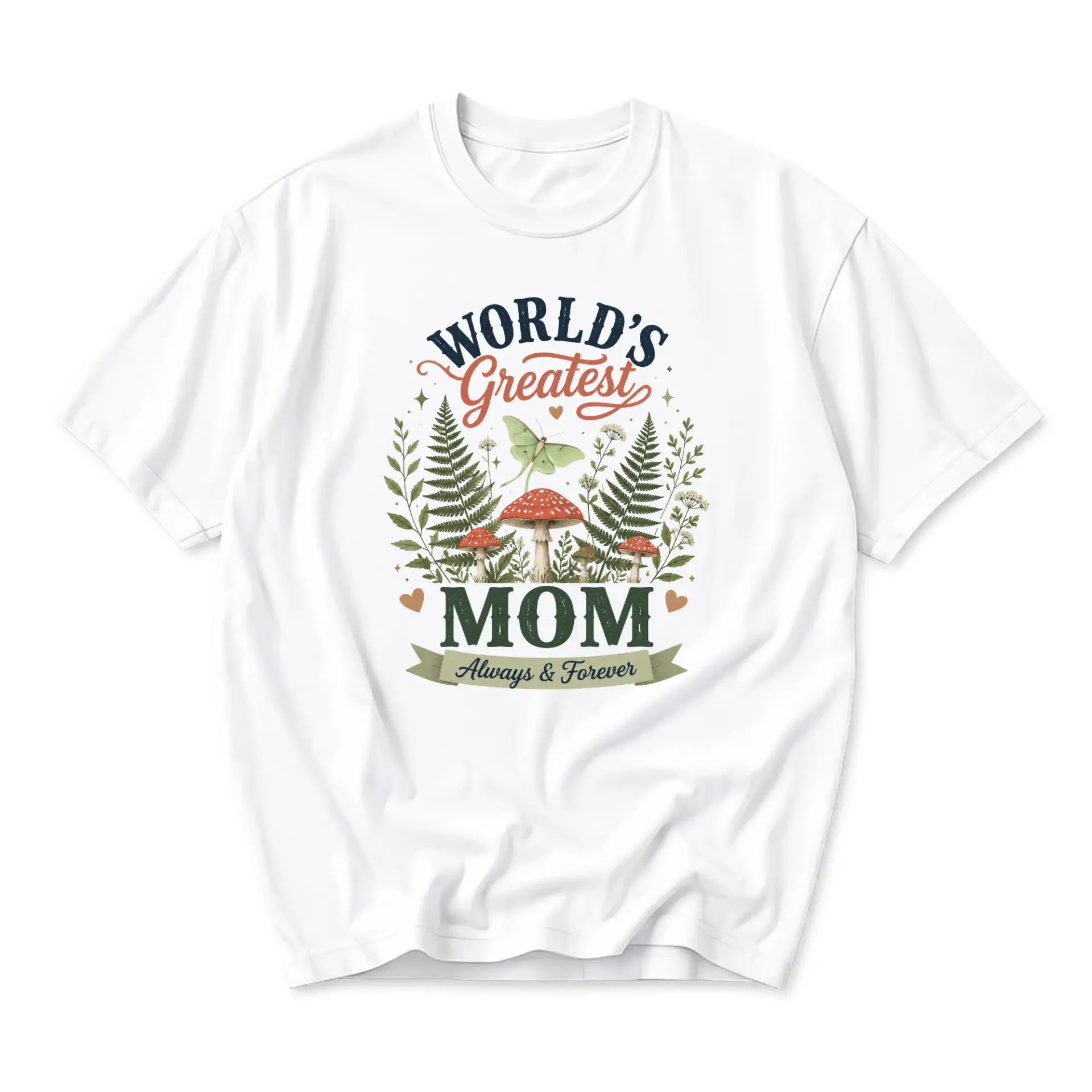 Graphic Tee Worlds Greatest Mom Mushroom Moth Fern Botanical Nature Inspired Unisex Crew Neck Short Sleeve Shirt