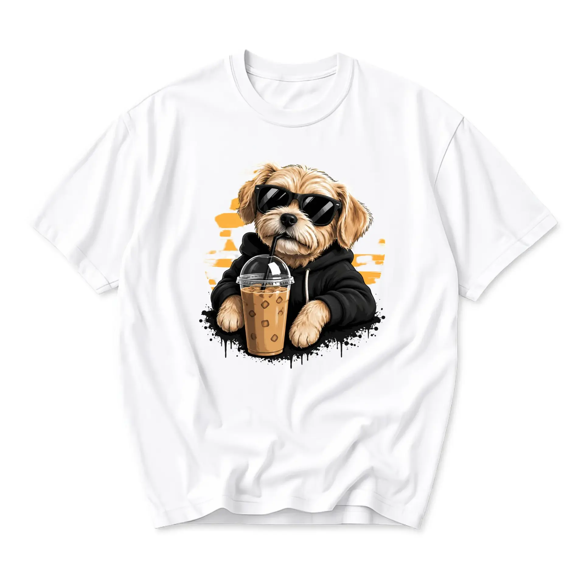 Graphic Tee Dog Wearing Sunglasses Drinking Iced Coffee Unisex Crew Neck