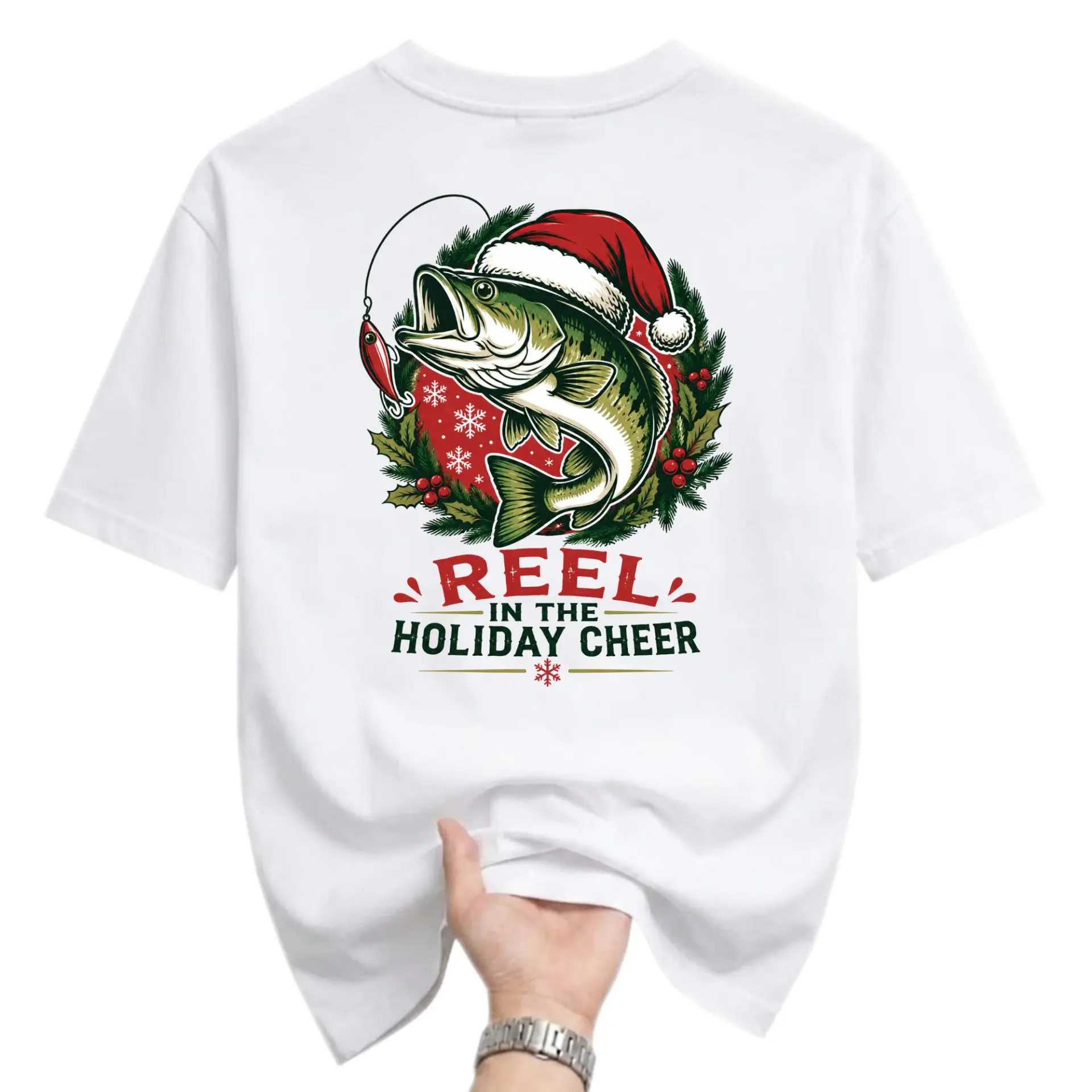 Funny Shirt Reel in the Holiday Cheer Graphic Tee Unisex Fishing Christmas Apparel Casual Crew Neck Cotton Tshirt