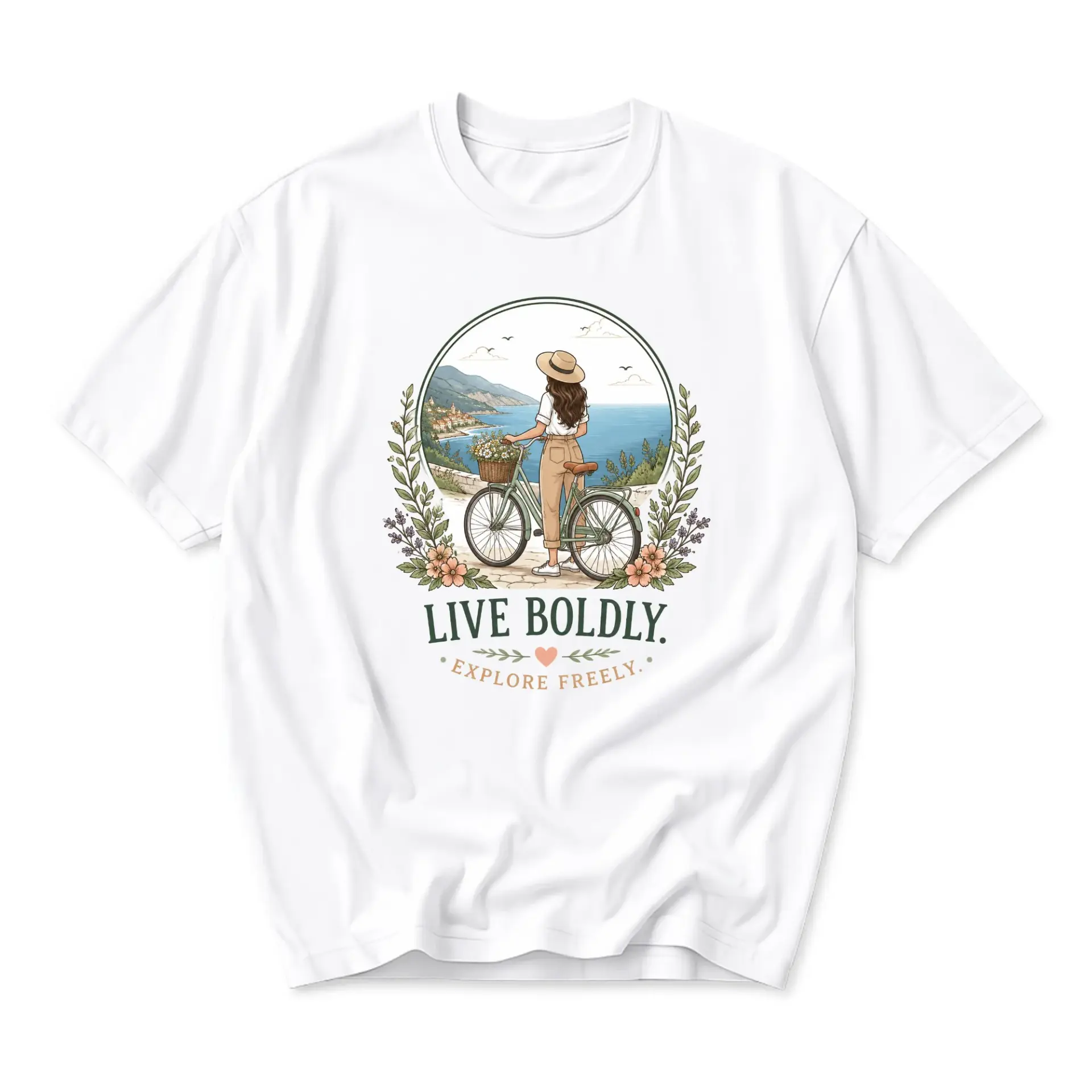 Graphic Tee Live Boldly Explore Freely Illustration Shirt Vintage Style Botanical Coastal Bicycle Design Apparel
