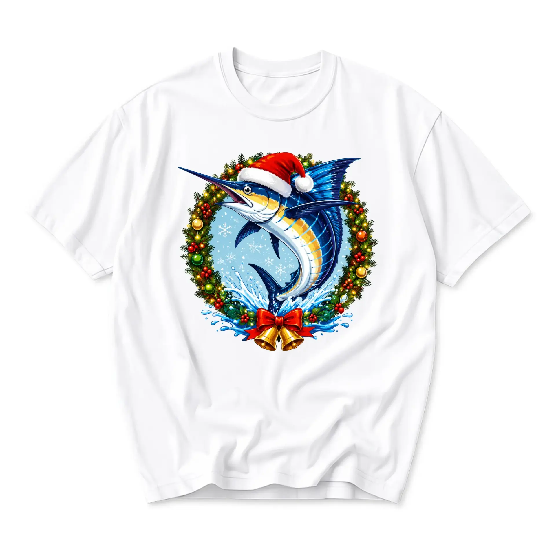 Graphic Tee Unisex Christmas Marlin Fishing T-Shirt Holiday Season Gift Apparel for Outdoor Enthusiasts and Sea Life Fans