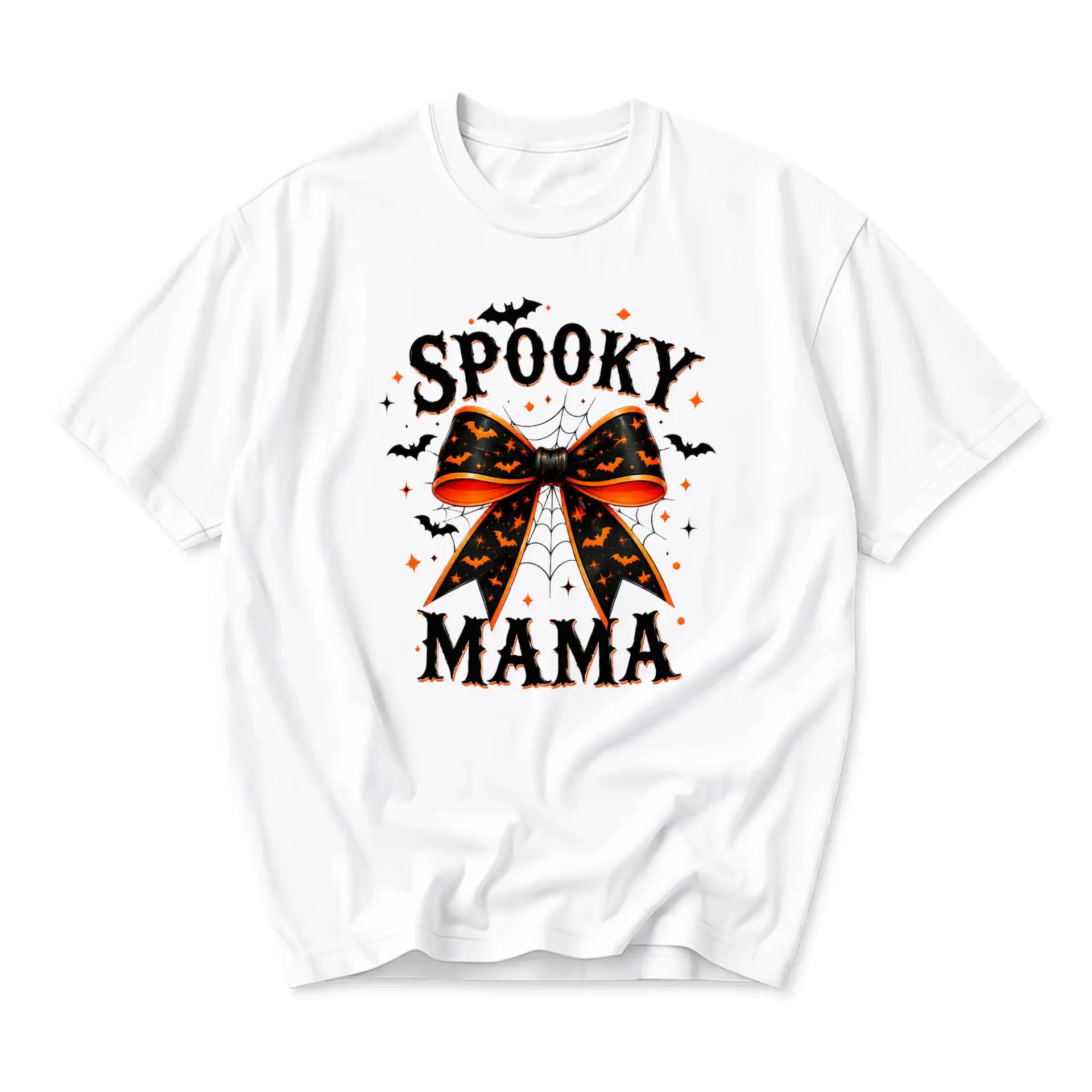 Graphic Tee Spooky Mama Halloween Bow Unisex Crew Neck T-Shirt Soft Cotton Blend Casual Everyday Apparel White Shirt
