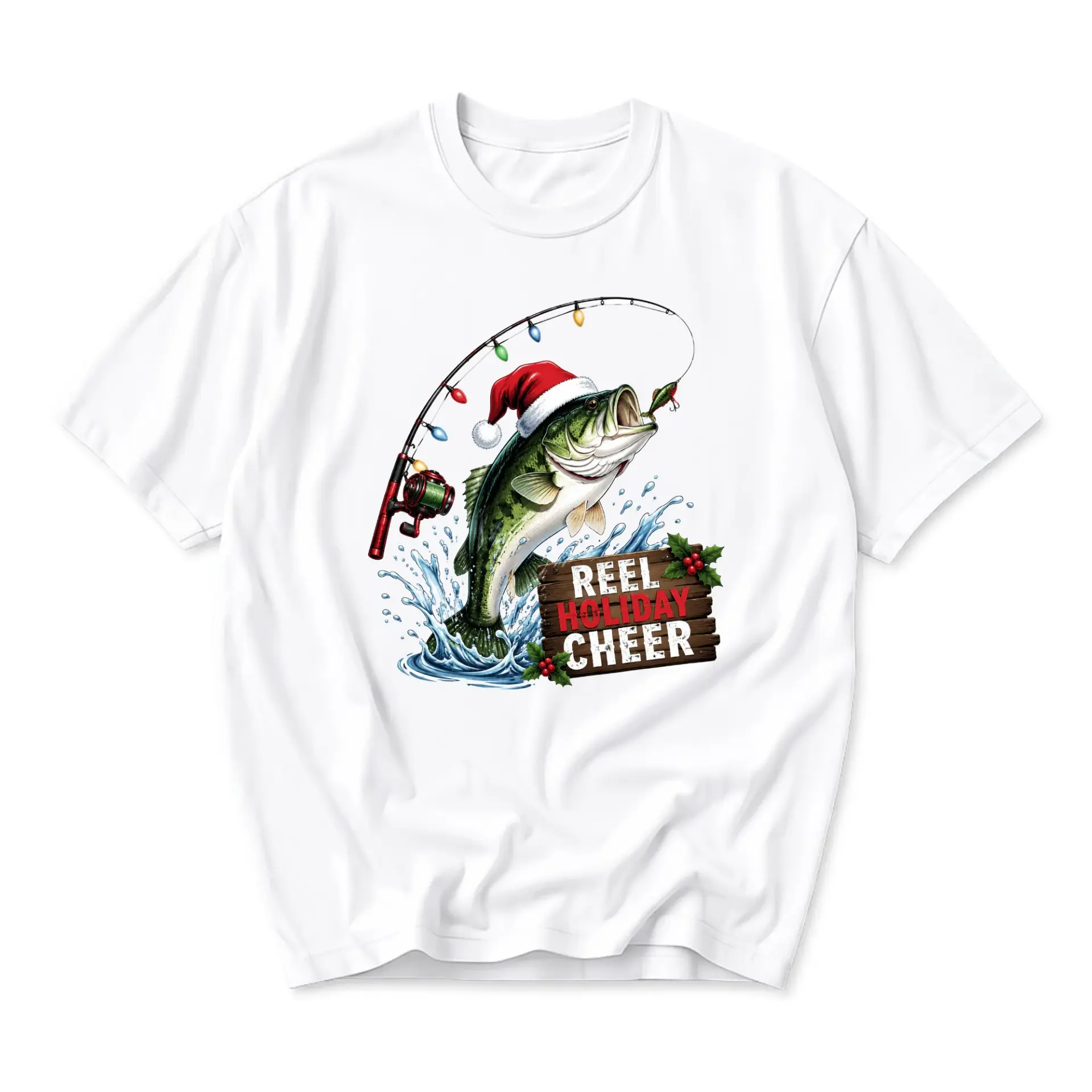 Funny Shirt Reel Holiday Cheer Fishing Graphic Tee Seasonal Unisex Crew Neck Cotton Blend Casual Apparel White