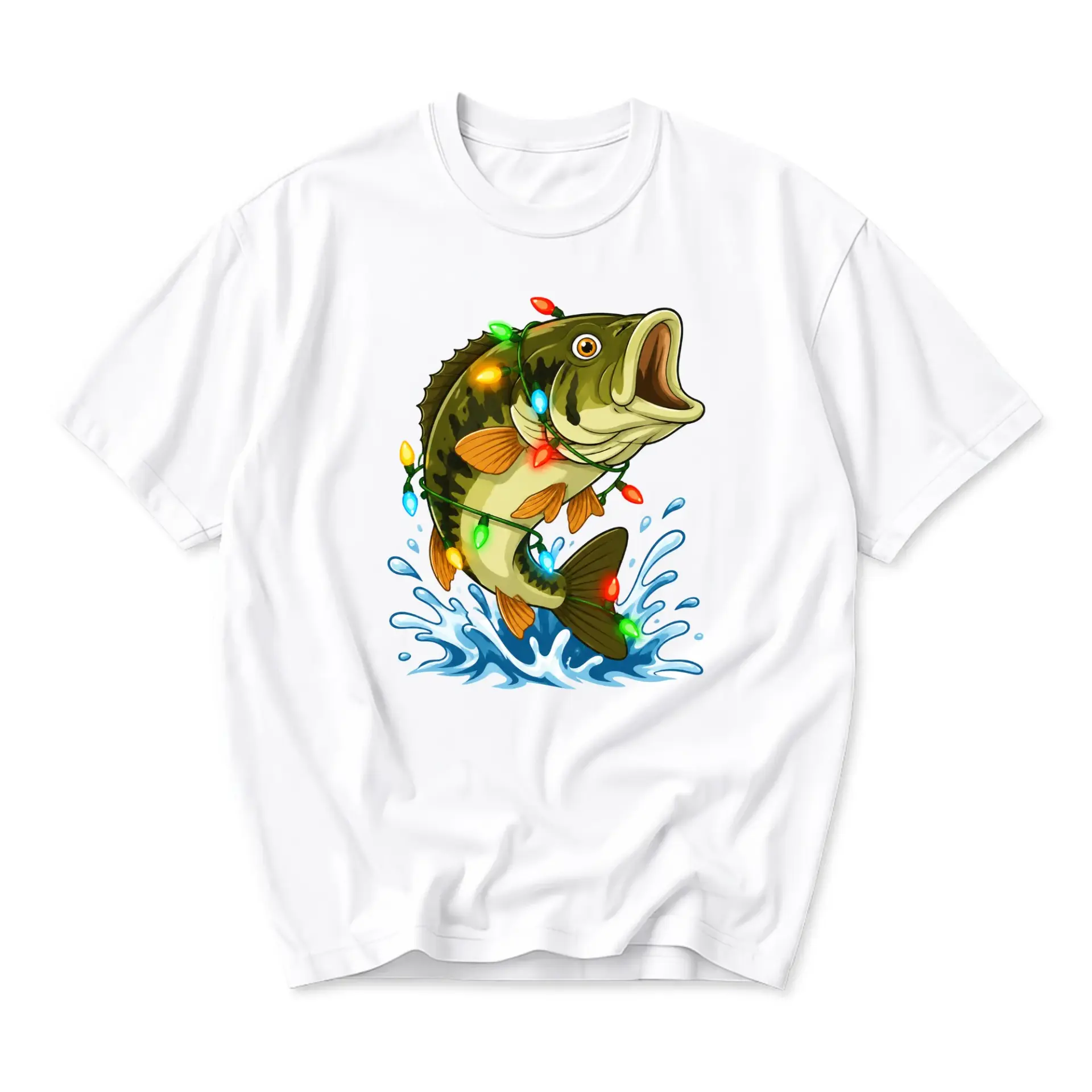 Funny Shirt Fish Wrapped in Holiday Christmas Lights Graphic Tee Unisex Crew Neck Casual Cotton Blend Apparel