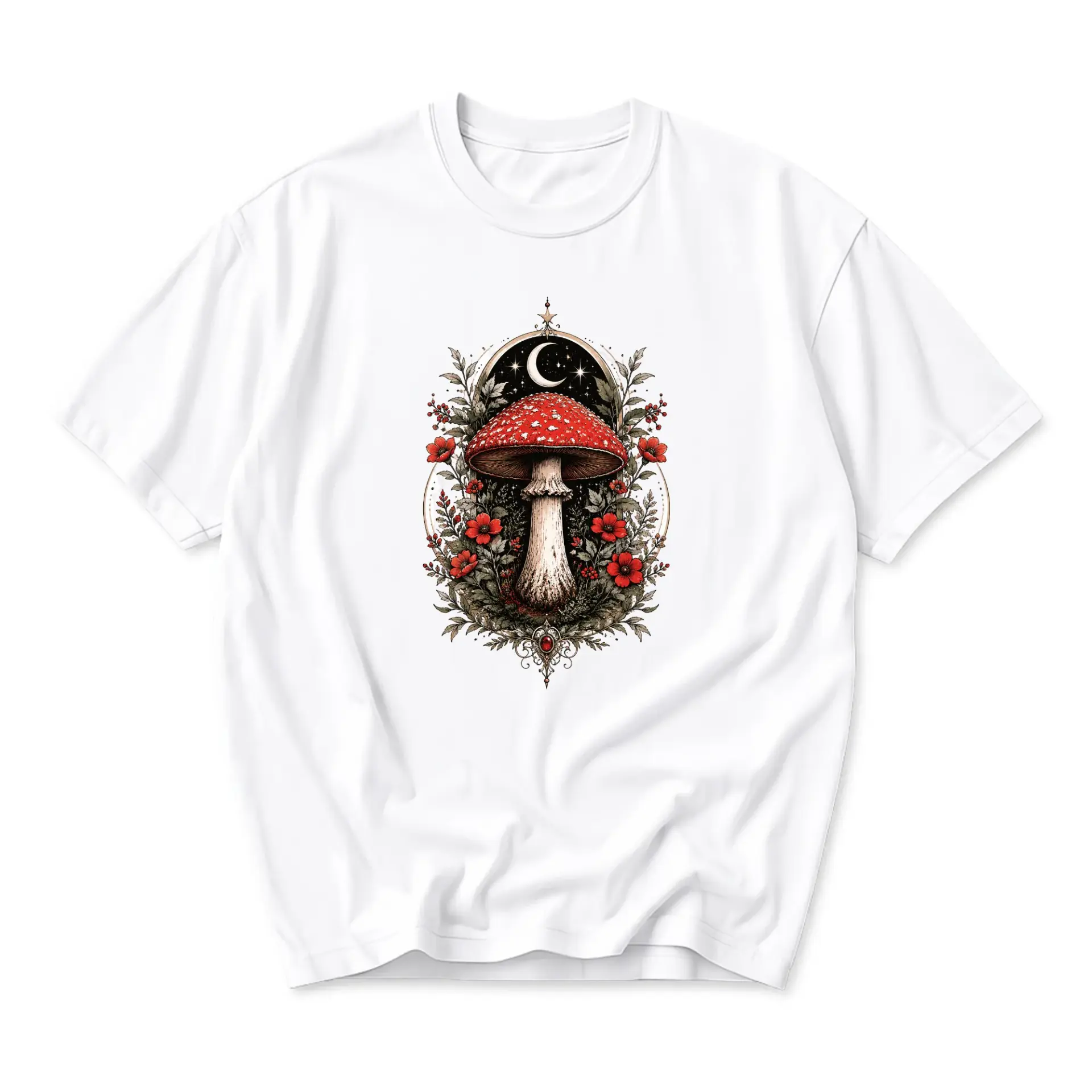 Graphic Tee Mushroom Nature Design Unisex Crew Neck Short Sleeve Shirt for Casual Everyday Wear and Artistic Style