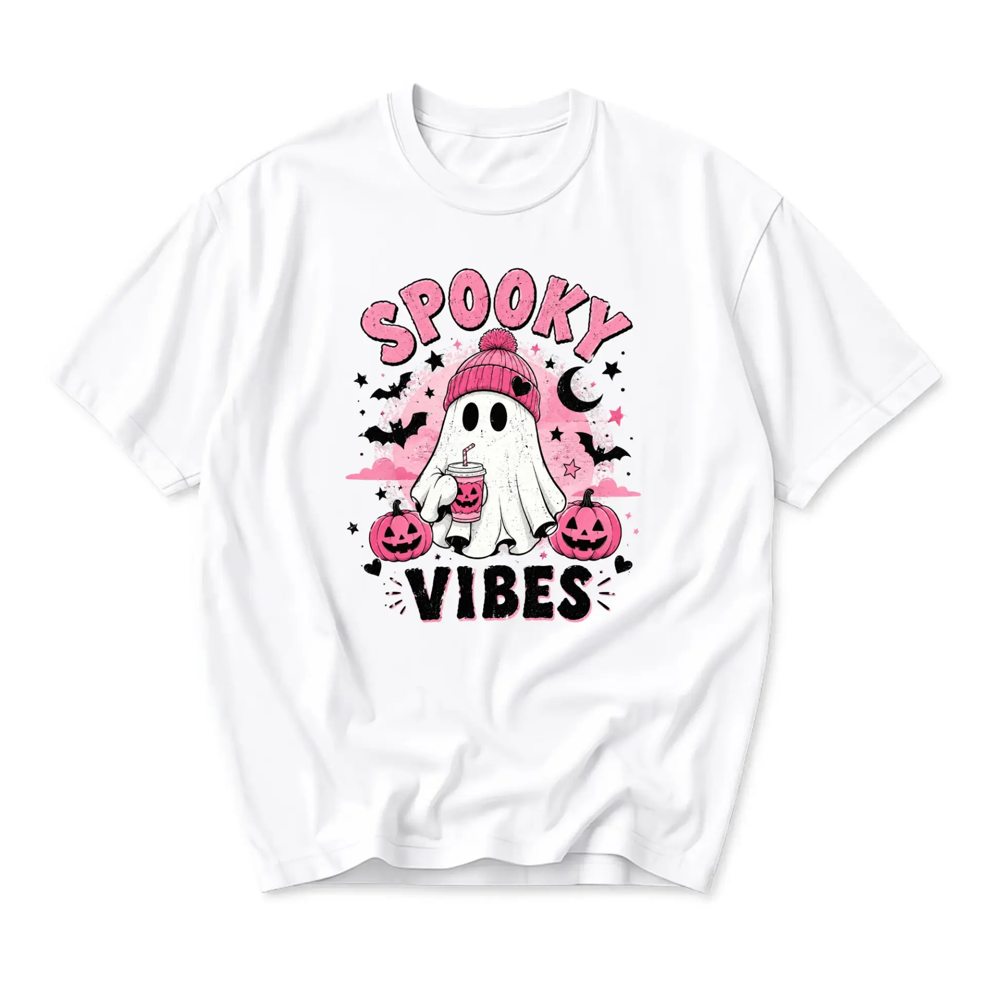 Funny Shirt Spooky Vibes Ghost Graphic Tee Seasonal Casual Cotton Unisex Crew Neck Top for Fall and Halloween