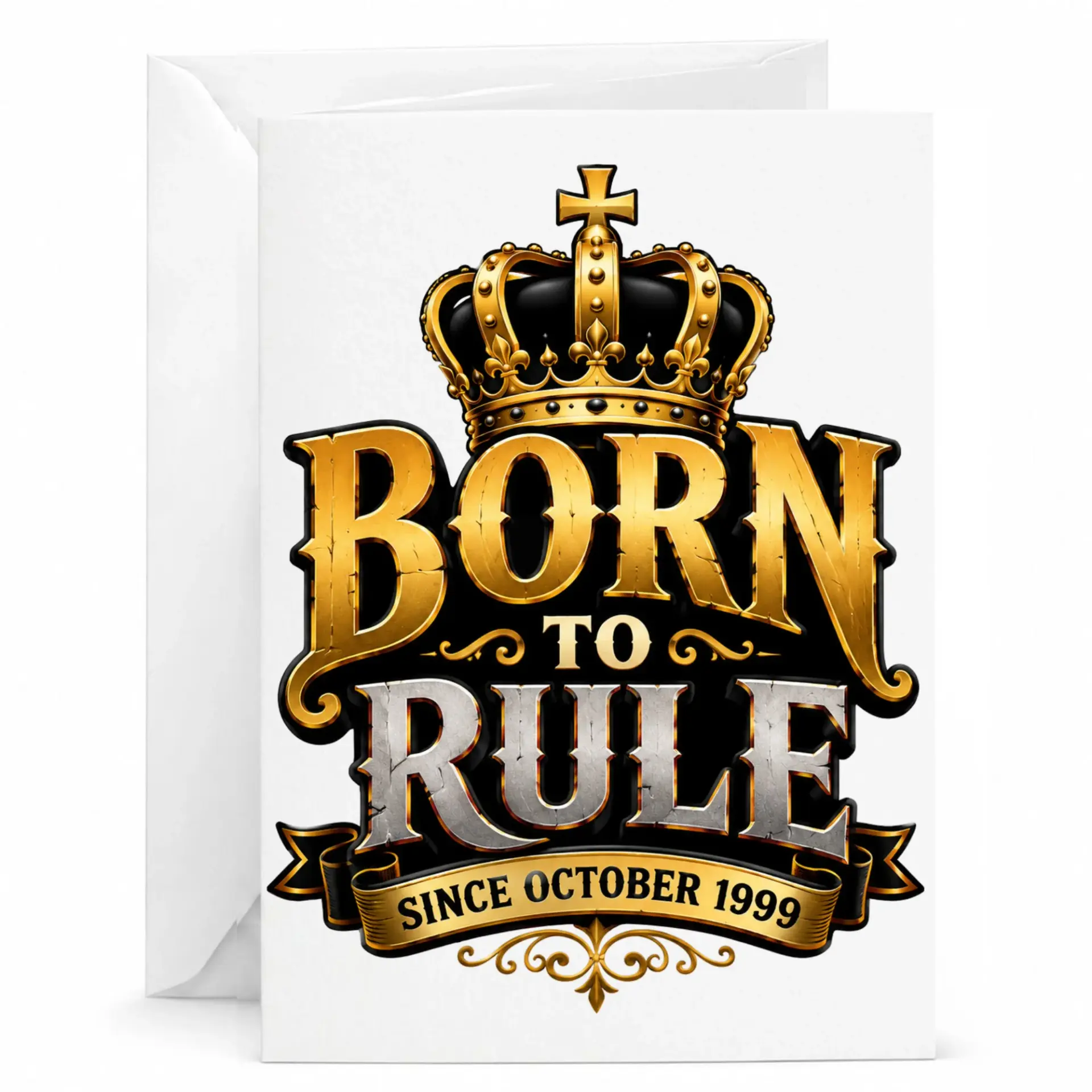 Greeting Card Born to Rule Since October 1999 Birthday Keepsake with Gold Crown Design and Matching White Envelope
