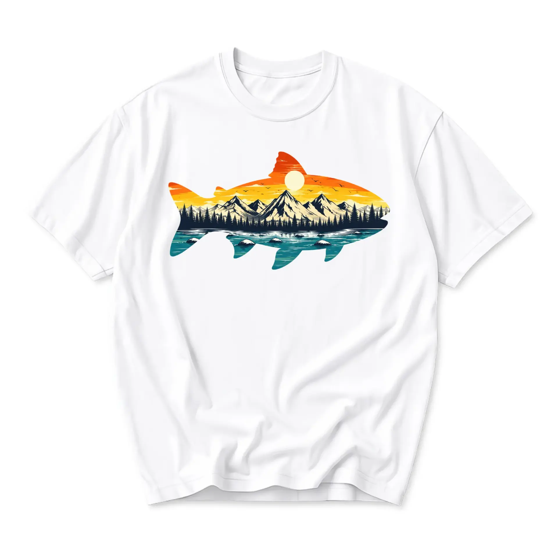 Graphic Tee Mountain Fishing Sunset Silhouette Artistic Unisex Casual Crew