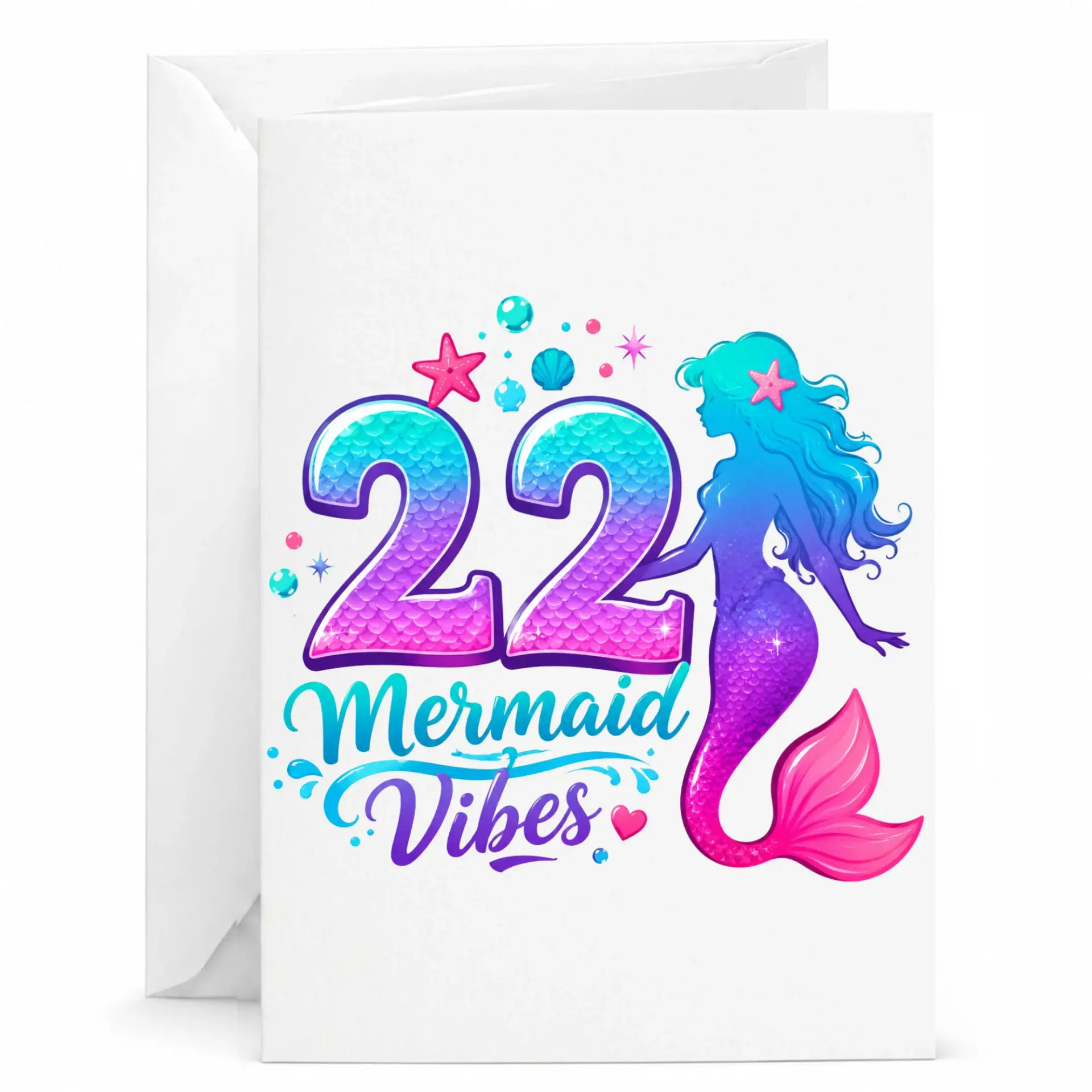 Birthday Card Mermaid Vibes Theme 22nd Celebration Illustration Premium Heavyweight Greeting Card with Envelope