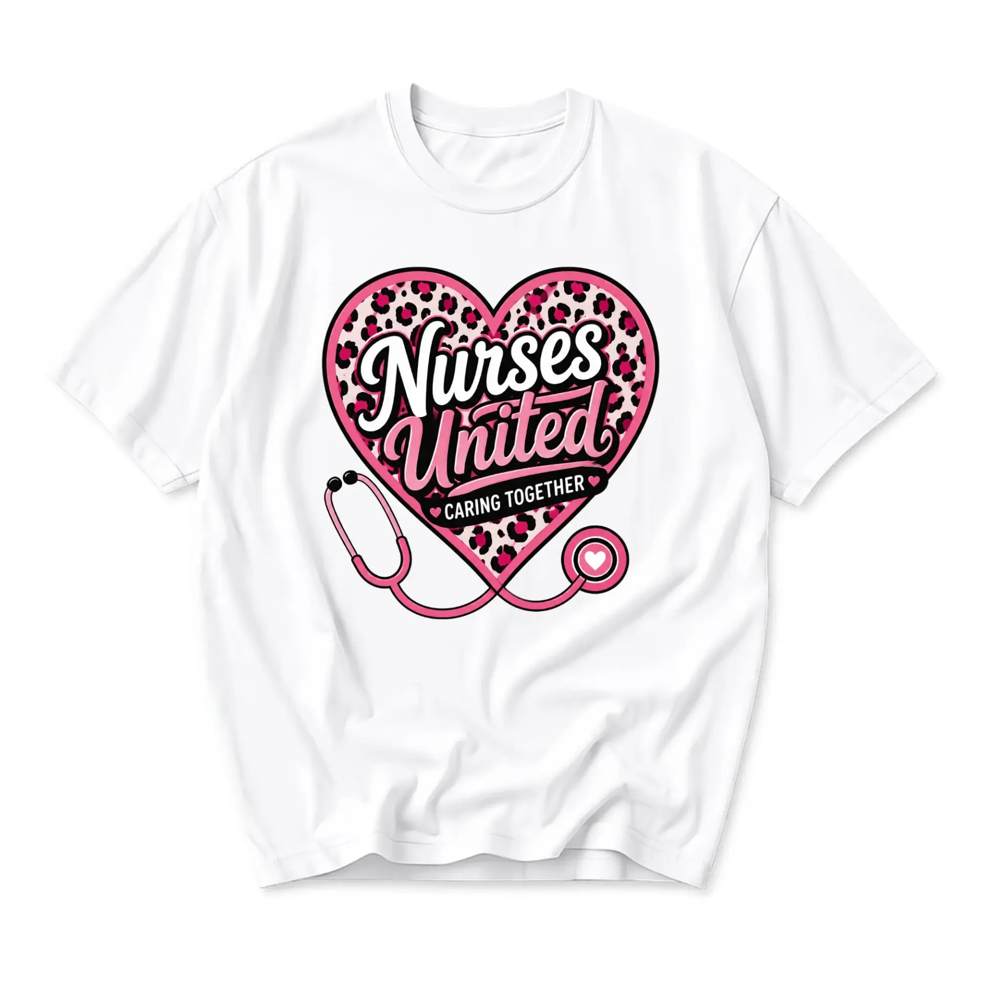 T-shirt Nurses United Caring Together Graphic Tee Heart Stethoscope Design Unisex Cotton Blend Casual Apparel White