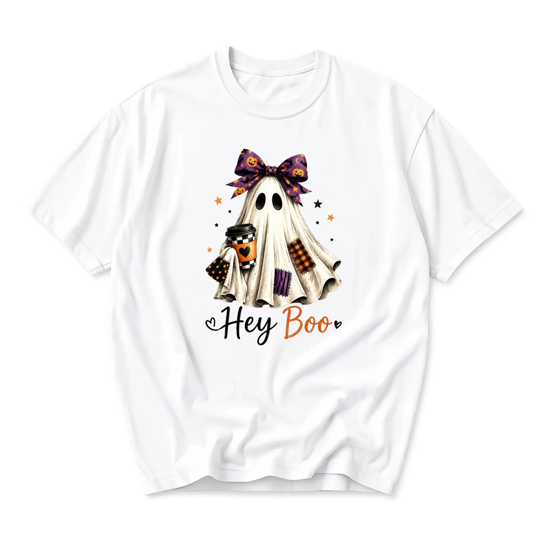Graphic Tee Hey Boo Ghost Coffee Pumpkin Bow Design Unisex Crew Neck Casual Everyday Short Sleeve Shirt White