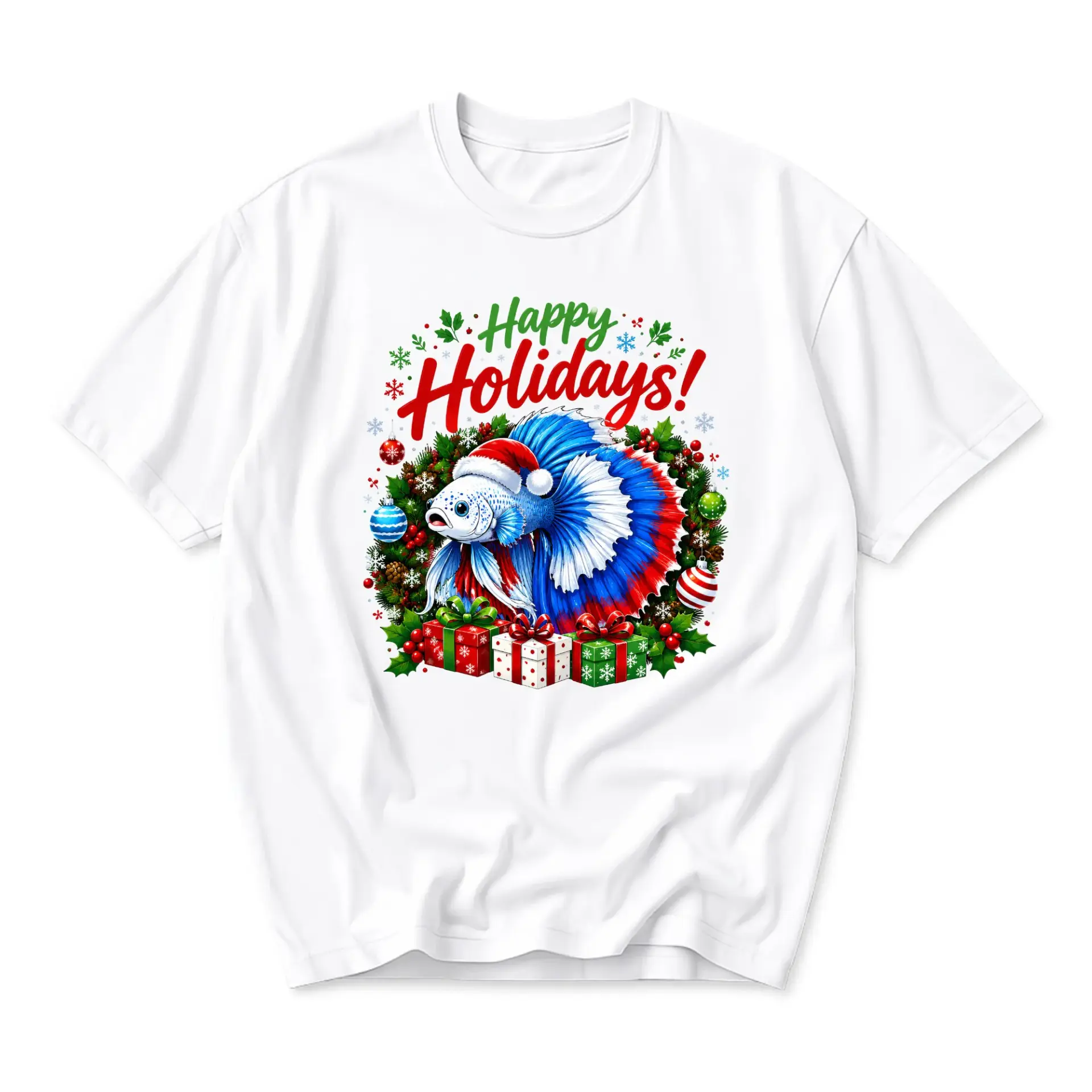 Graphic Tee Happy Holidays Fish Seasonal Apparel Unisex Crew Neck Short Sleeve Casual Cotton T-Shirt