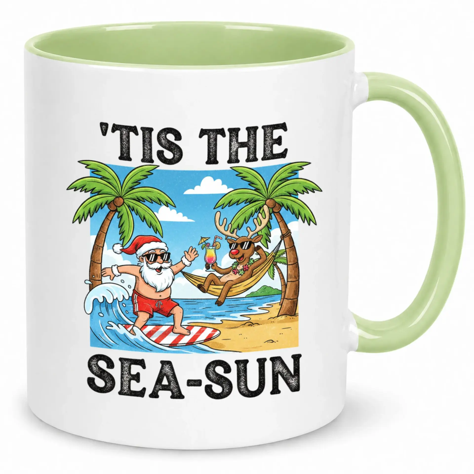 Funny Christmas Santa Surfing Reindeer Beach Themed Coffee Mug - 'tis the Sea-Sun Ceramic Drinkware for Holiday & Summer Vibes