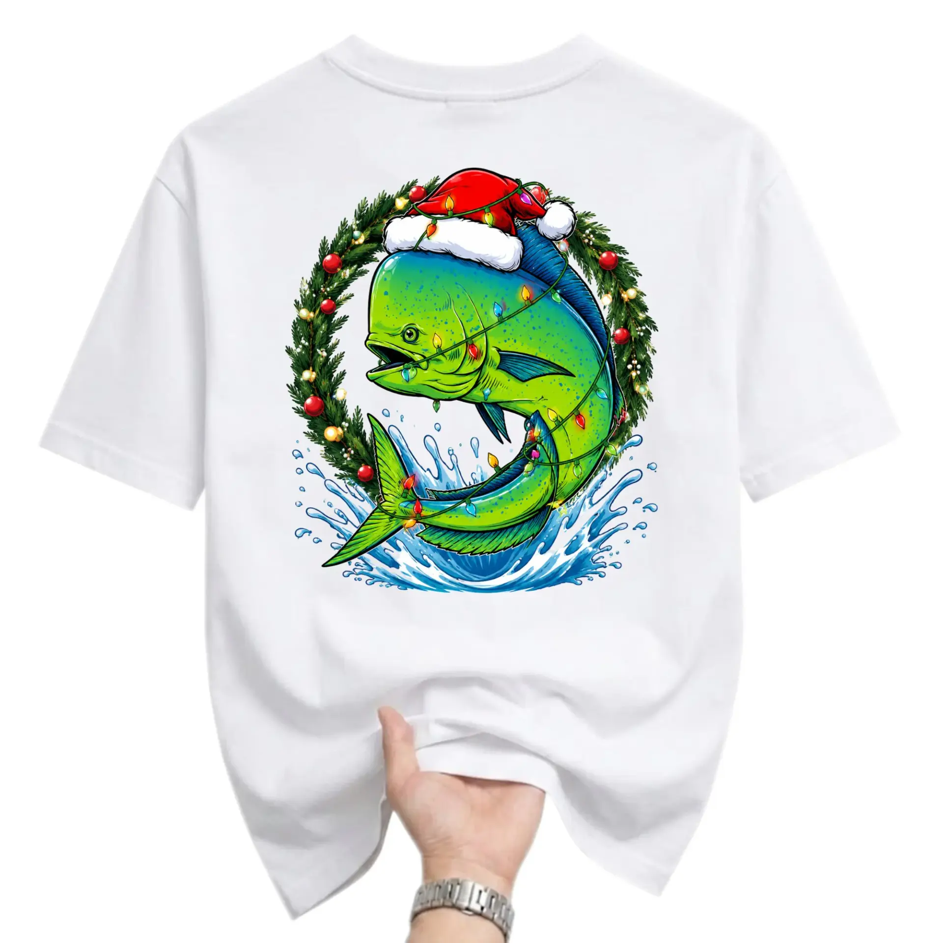 Graphic Tee Unisex Holiday Fishing T-Shirt Featuring a Mahi Fish Wearing a Santa Hat in a Festive Wreath Design