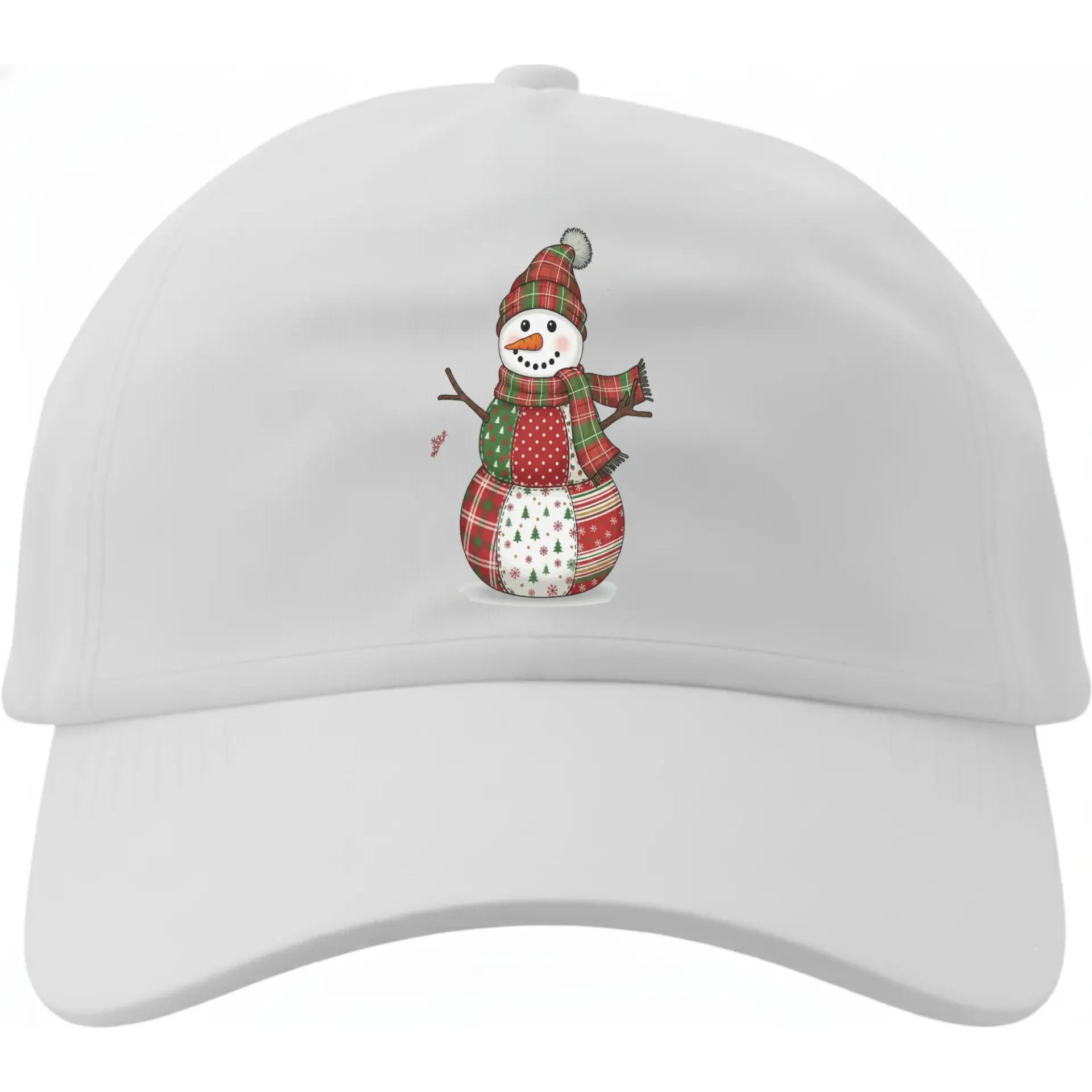 Baseball Cap Featuring Festive Patchwork Snowman Illustration Comfortable Seasonal Holiday Accessory for Winter Wear